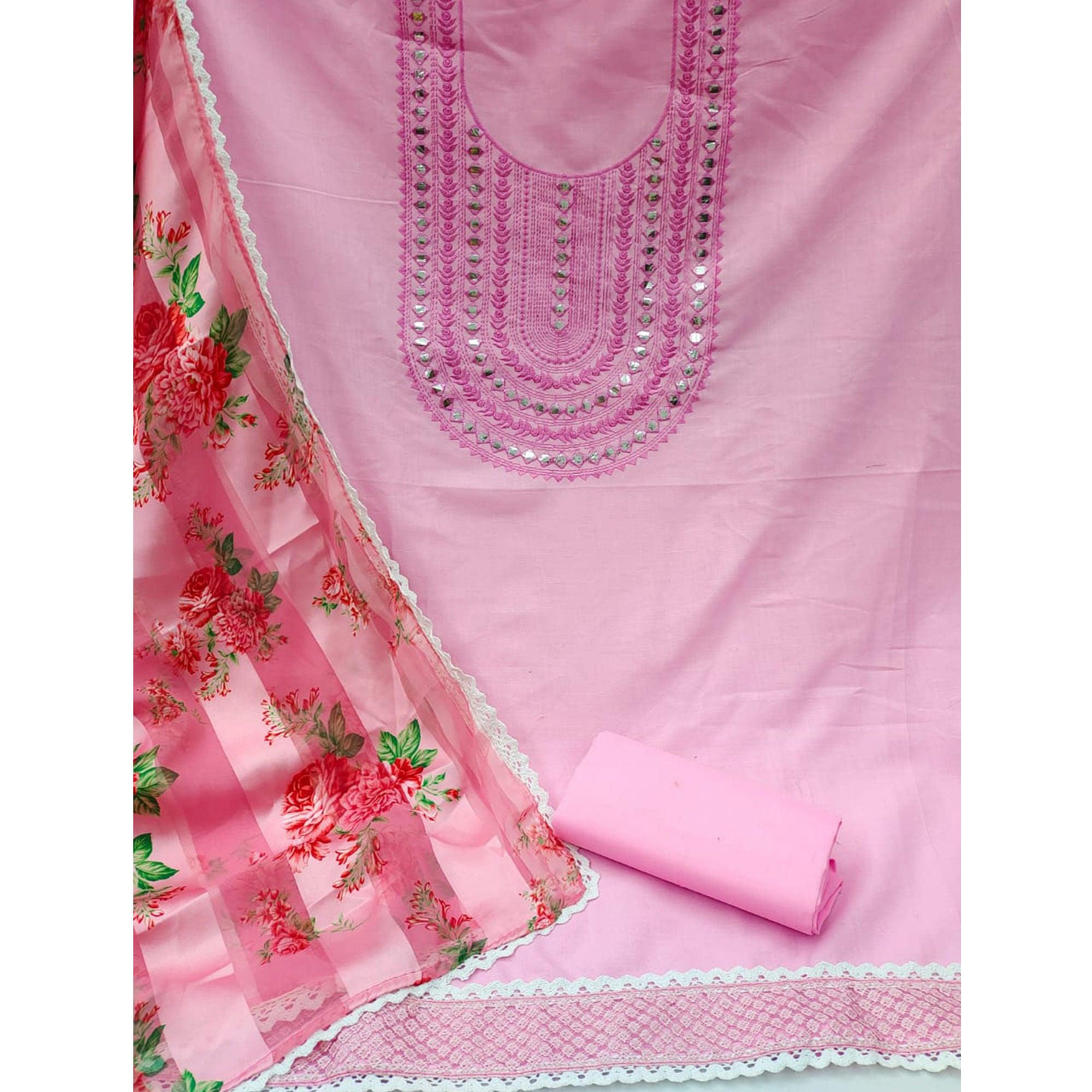 Pink Festive Wear Emebllished With Embroidered Cotton Dress Material - Peachmode
