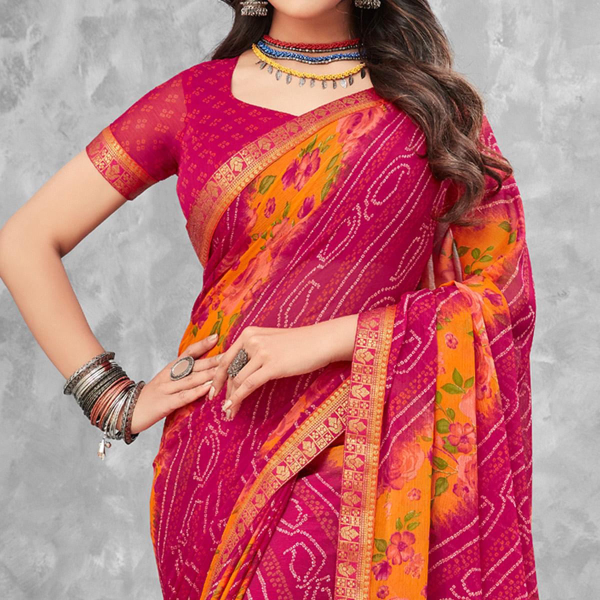 Pink Festive Wear Floral Bandhani Printed Chiffon Saree - Peachmode