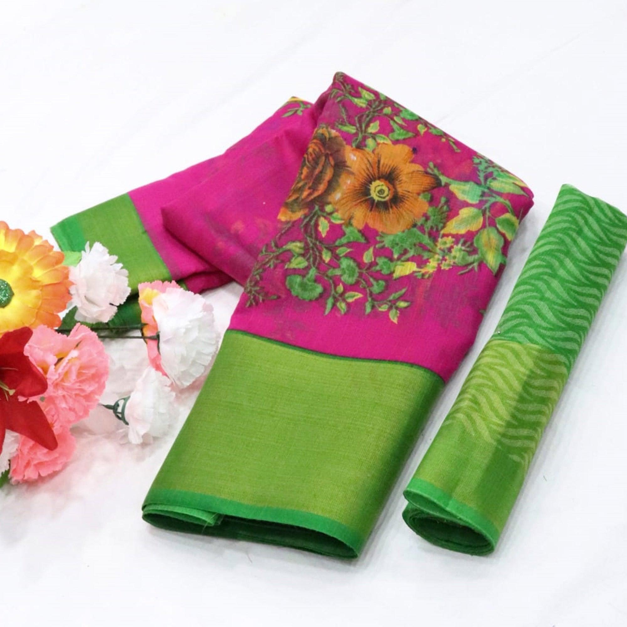 Pink Festive Wear Floral Digital Print With Sonakshi Zari Border Cotton Saree - Peachmode
