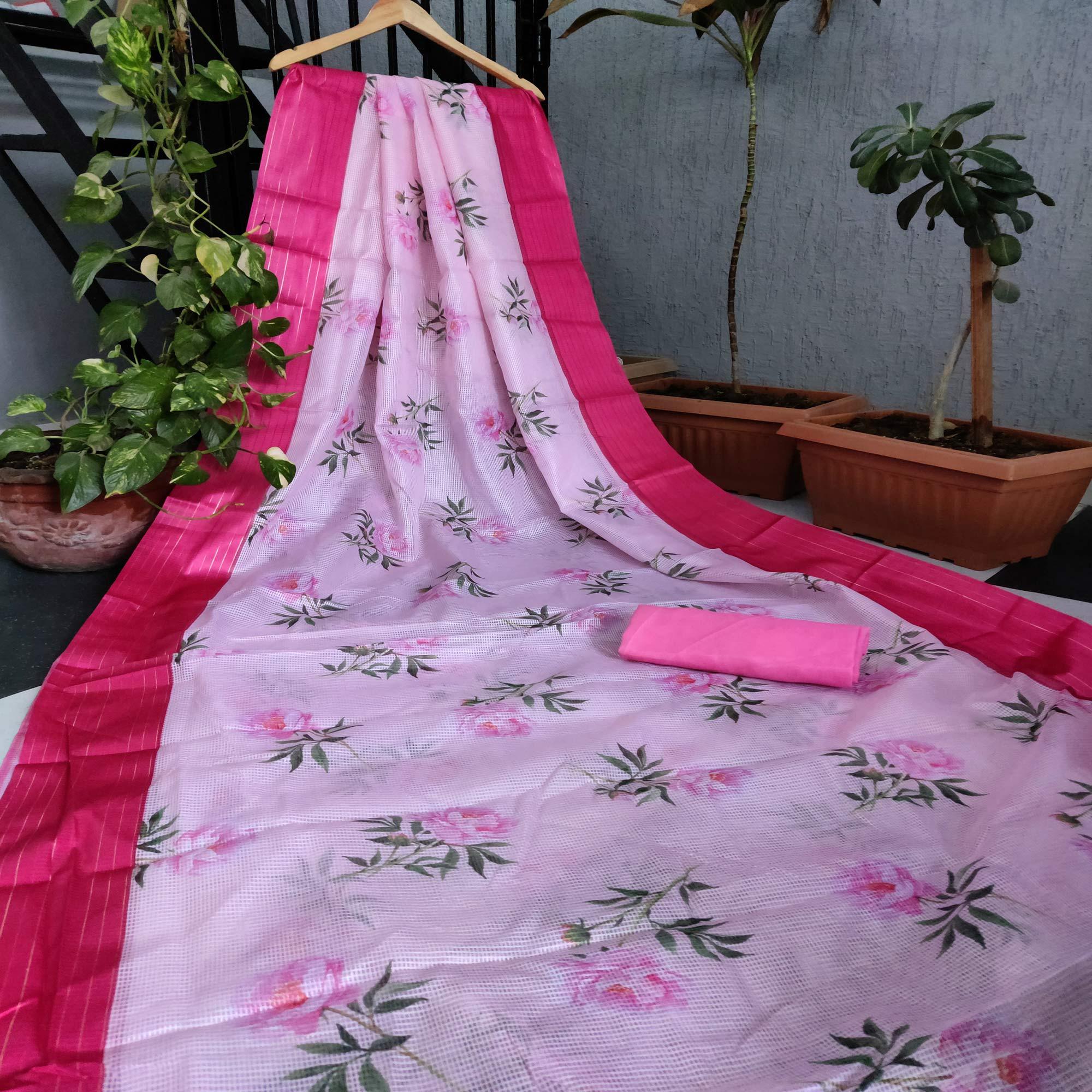 Pink Festive Wear Floral Digital Print With Woven Border Silk Saree - Peachmode
