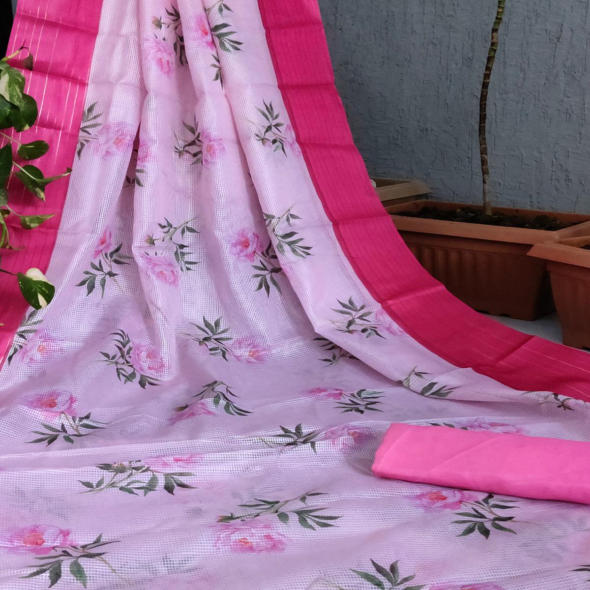 Pink Festive Wear Floral Digital Print With Woven Border Silk Saree - Peachmode