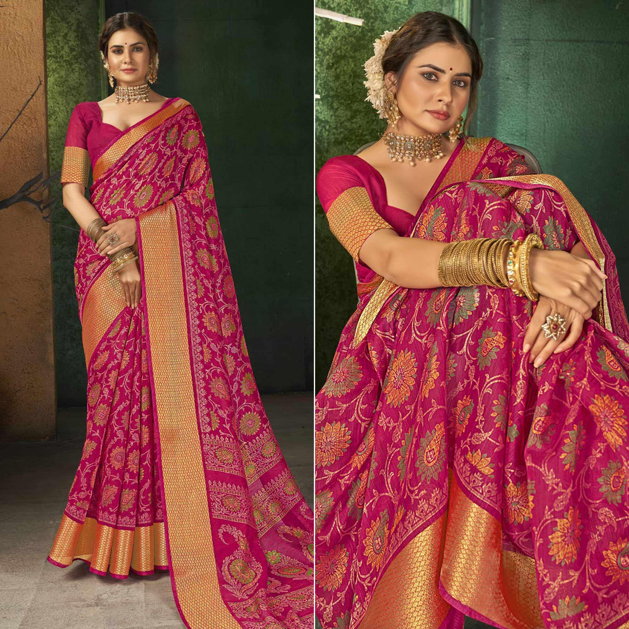 Pink Festive Wear Floral Digital Printed Cotton Saree - Peachmode