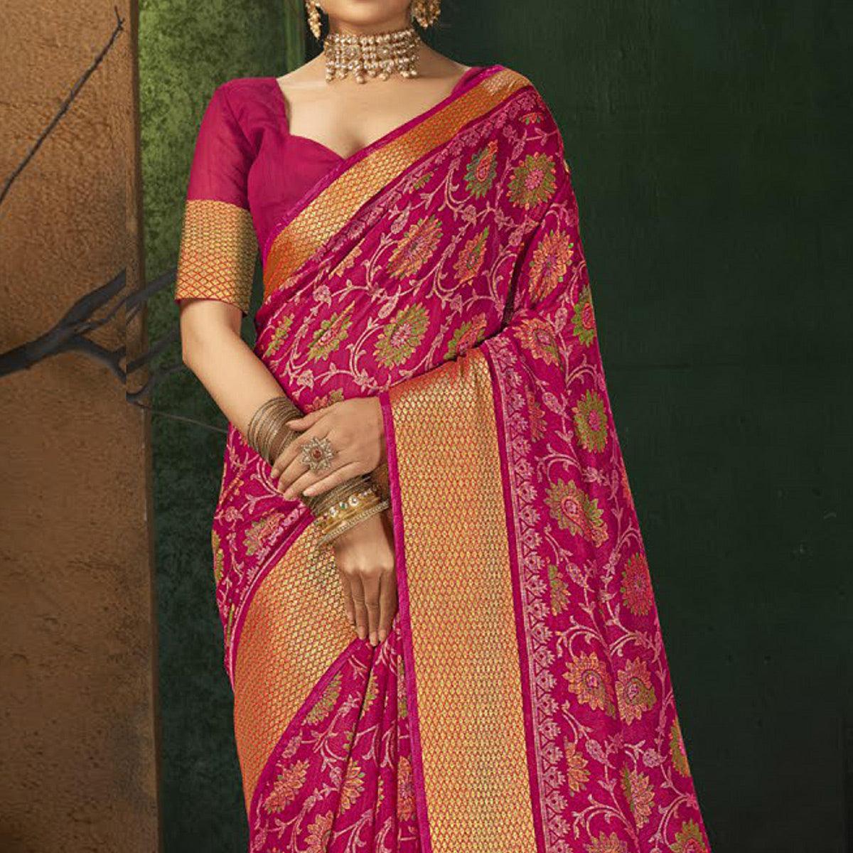 Pink Festive Wear Floral Digital Printed Cotton Saree - Peachmode