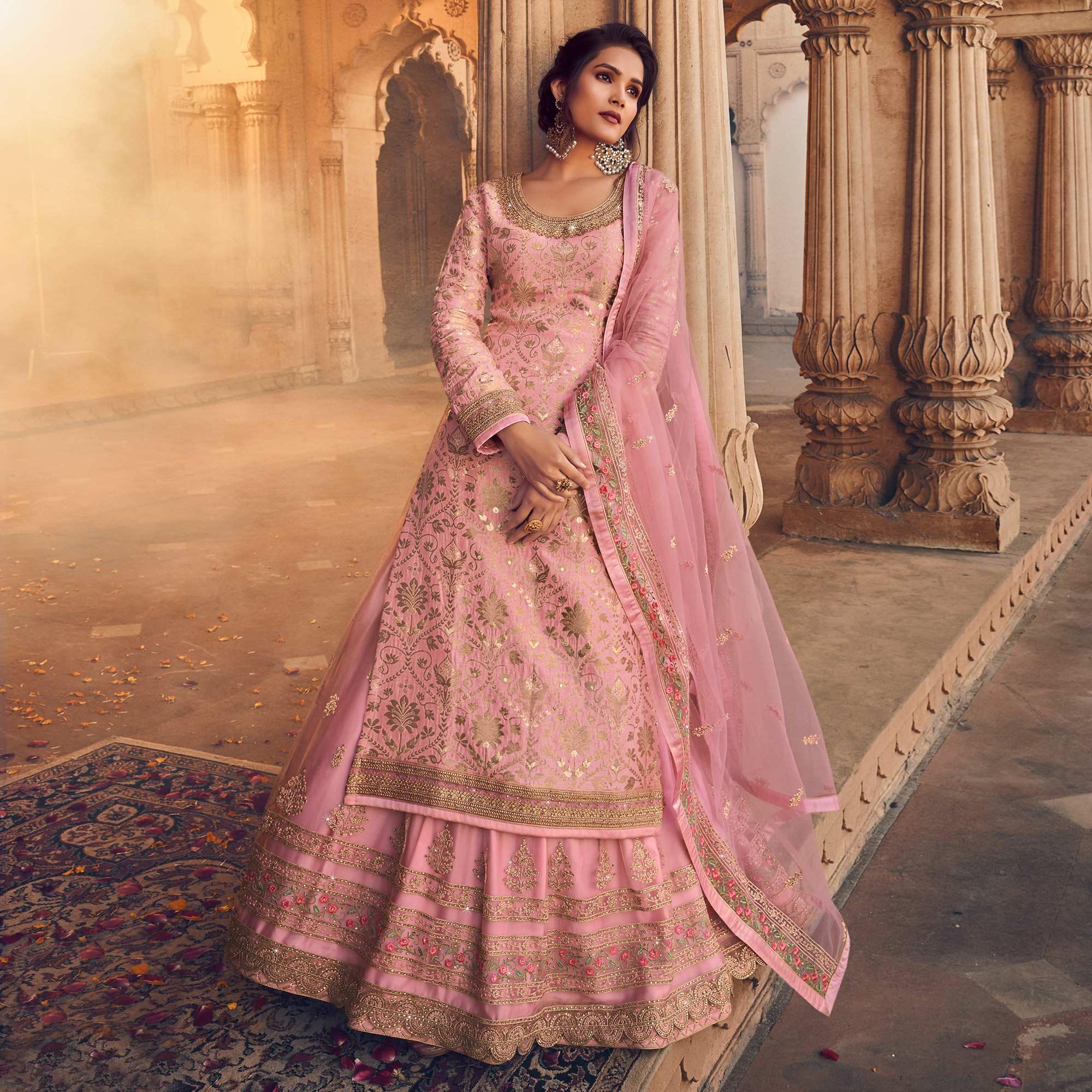 Pink Festive Wear Floral Emboidered With Diamond Net Lehenga Choli - Peachmode