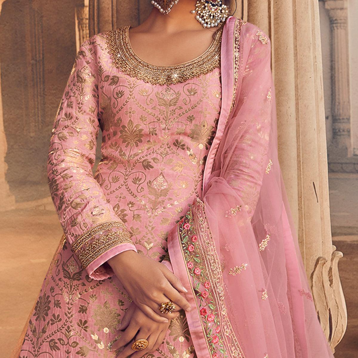 Pink Festive Wear Floral Emboidered With Diamond Net Lehenga Choli - Peachmode