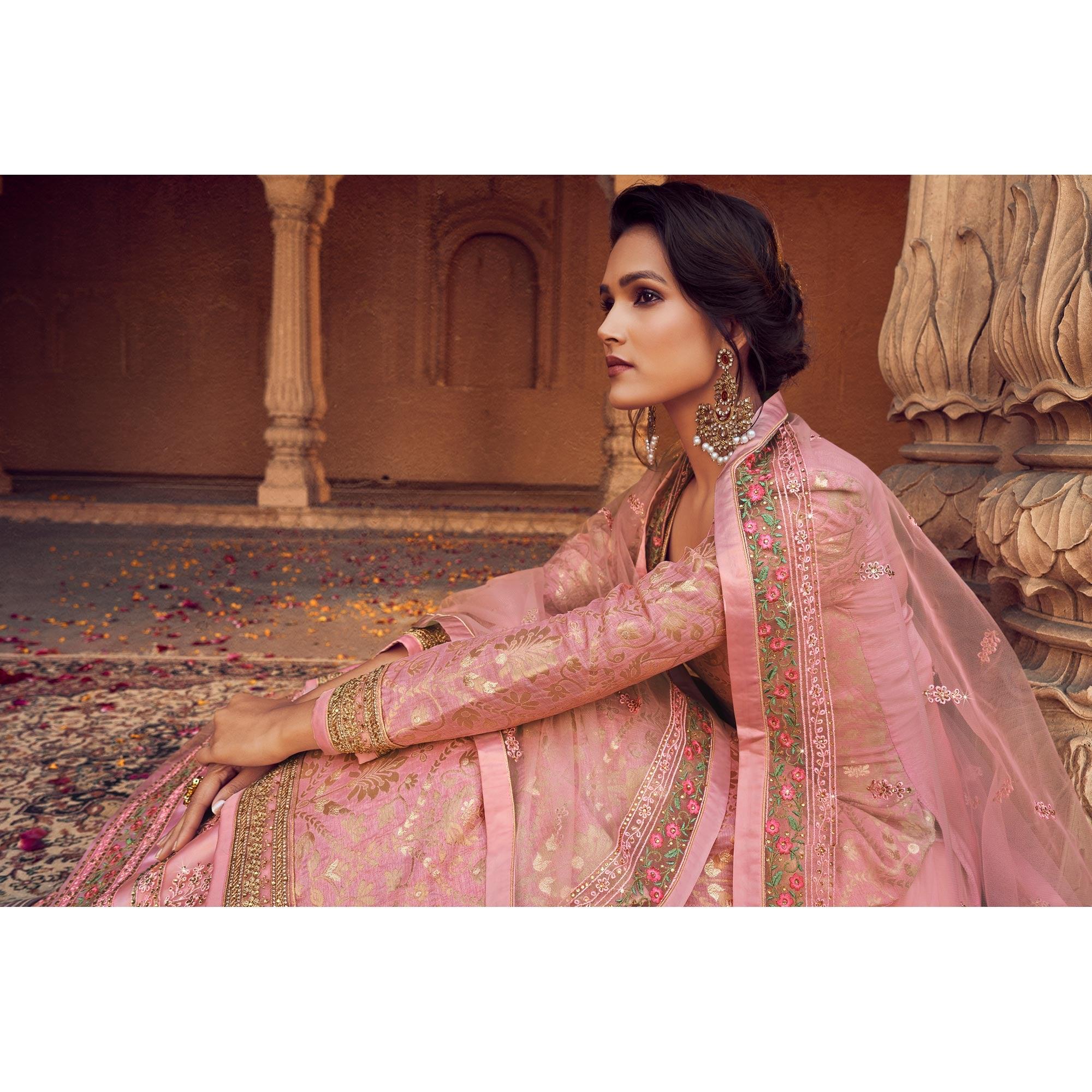 Pink Festive Wear Floral Emboidered With Diamond Net Lehenga Choli - Peachmode