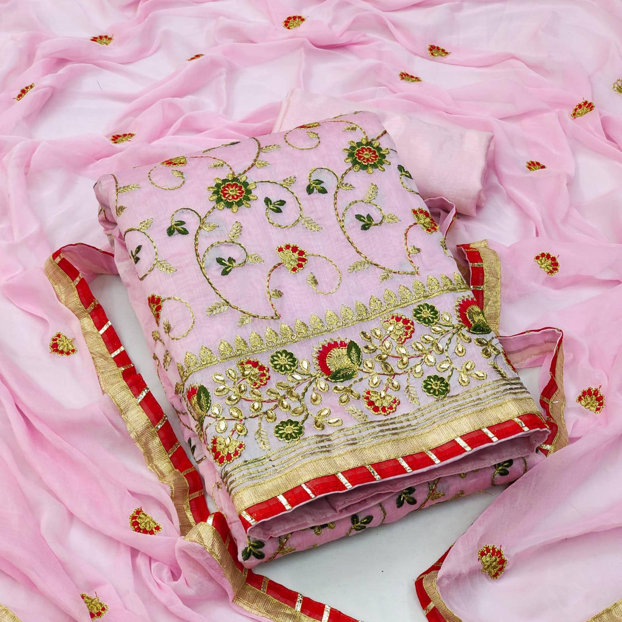 Pink Festive Wear Floral Embroidered Chanderi Dress Material - Peachmode