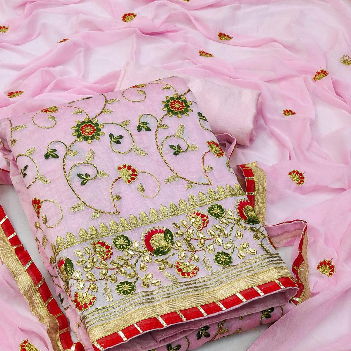 Pink Festive Wear Floral Embroidered Chanderi Dress Material - Peachmode