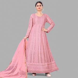 Pink Festive Wear Floral Embroidered Heavy Georgette Floor Length A Line Suit - Peachmode