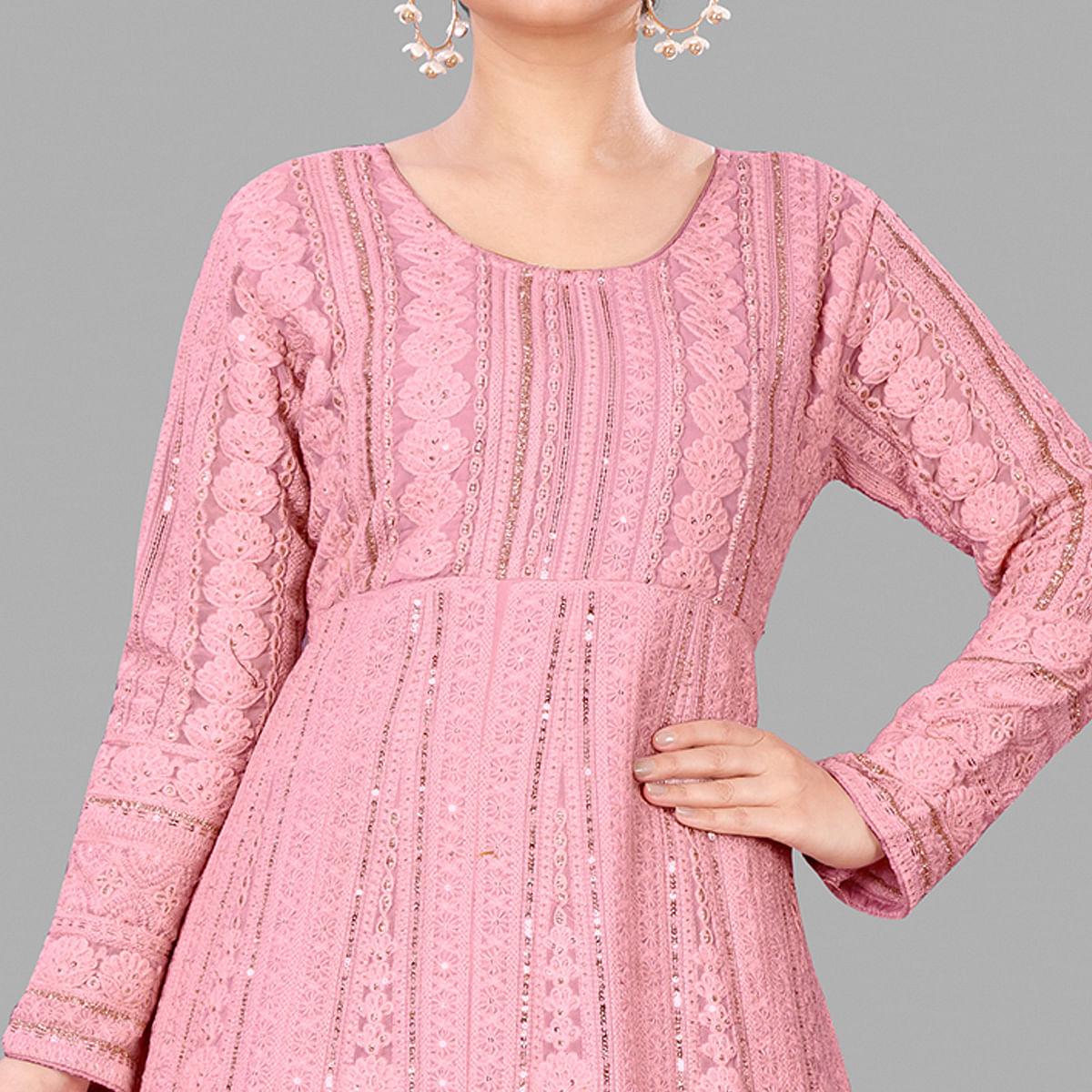 Pink Festive Wear Floral Embroidered Heavy Georgette Floor Length A Line Suit - Peachmode