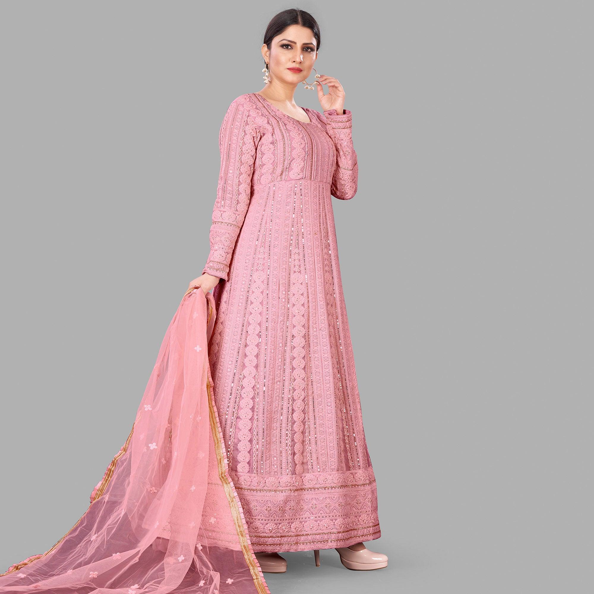 Pink Festive Wear Floral Embroidered Heavy Georgette Floor Length A Line Suit - Peachmode