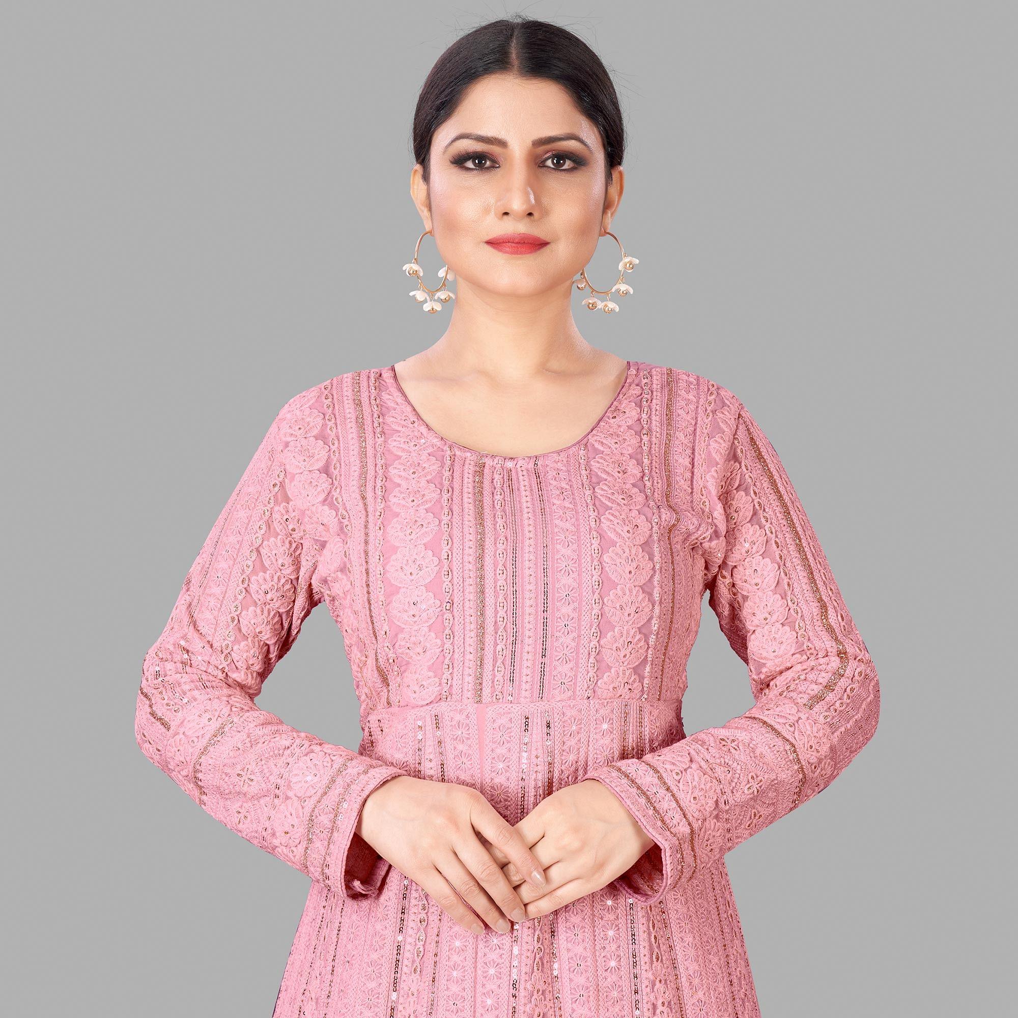 Pink Festive Wear Floral Embroidered Heavy Georgette Floor Length A Line Suit - Peachmode