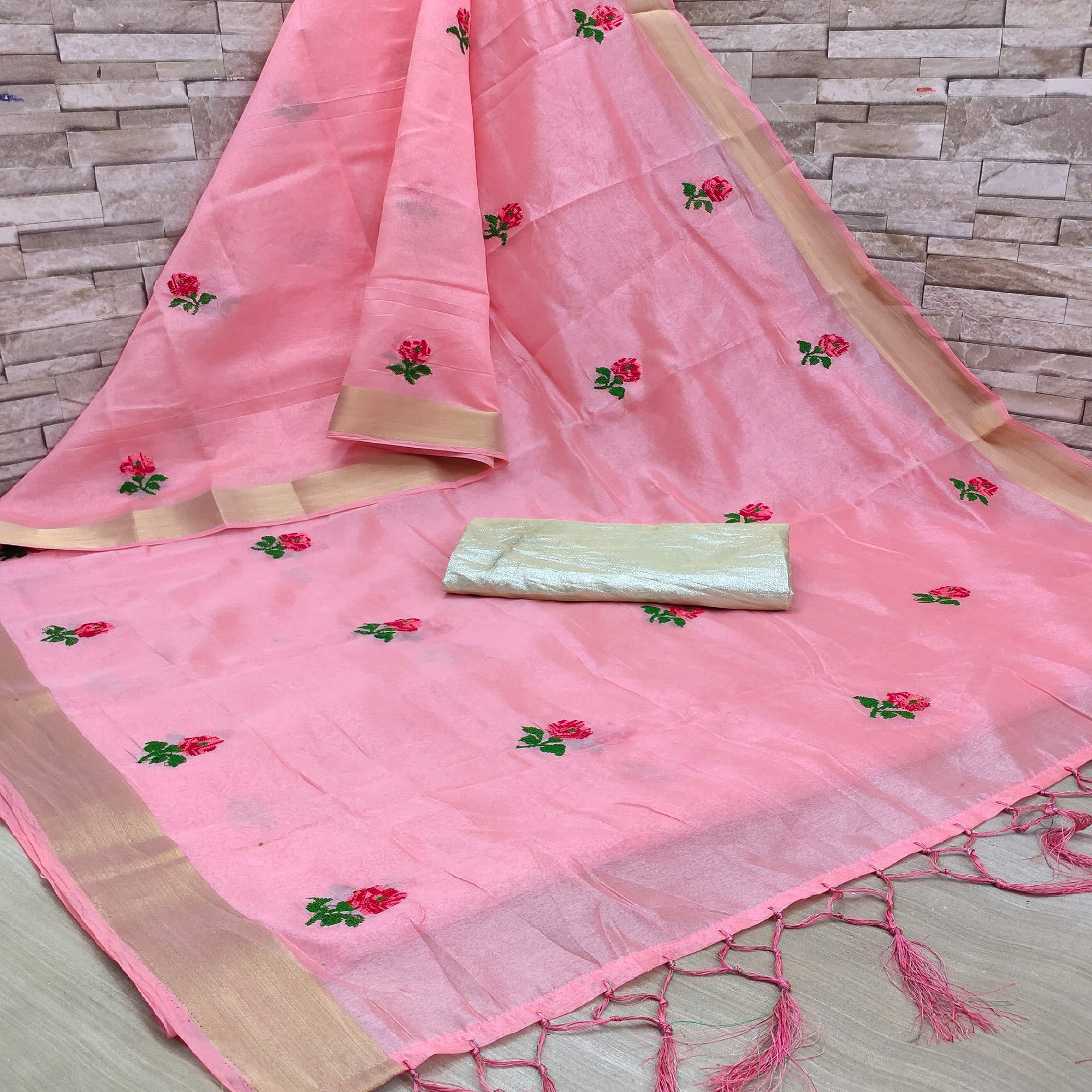 Pink Festive Wear Floral Embroidered Manipuri Silk Saree With Tassels - Peachmode