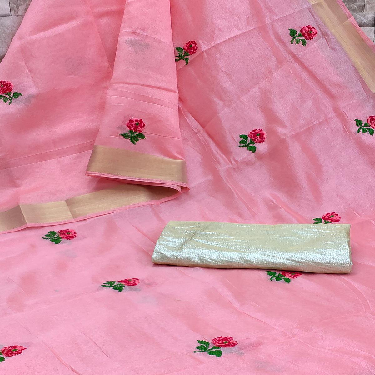 Pink Festive Wear Floral Embroidered Manipuri Silk Saree With Tassels - Peachmode