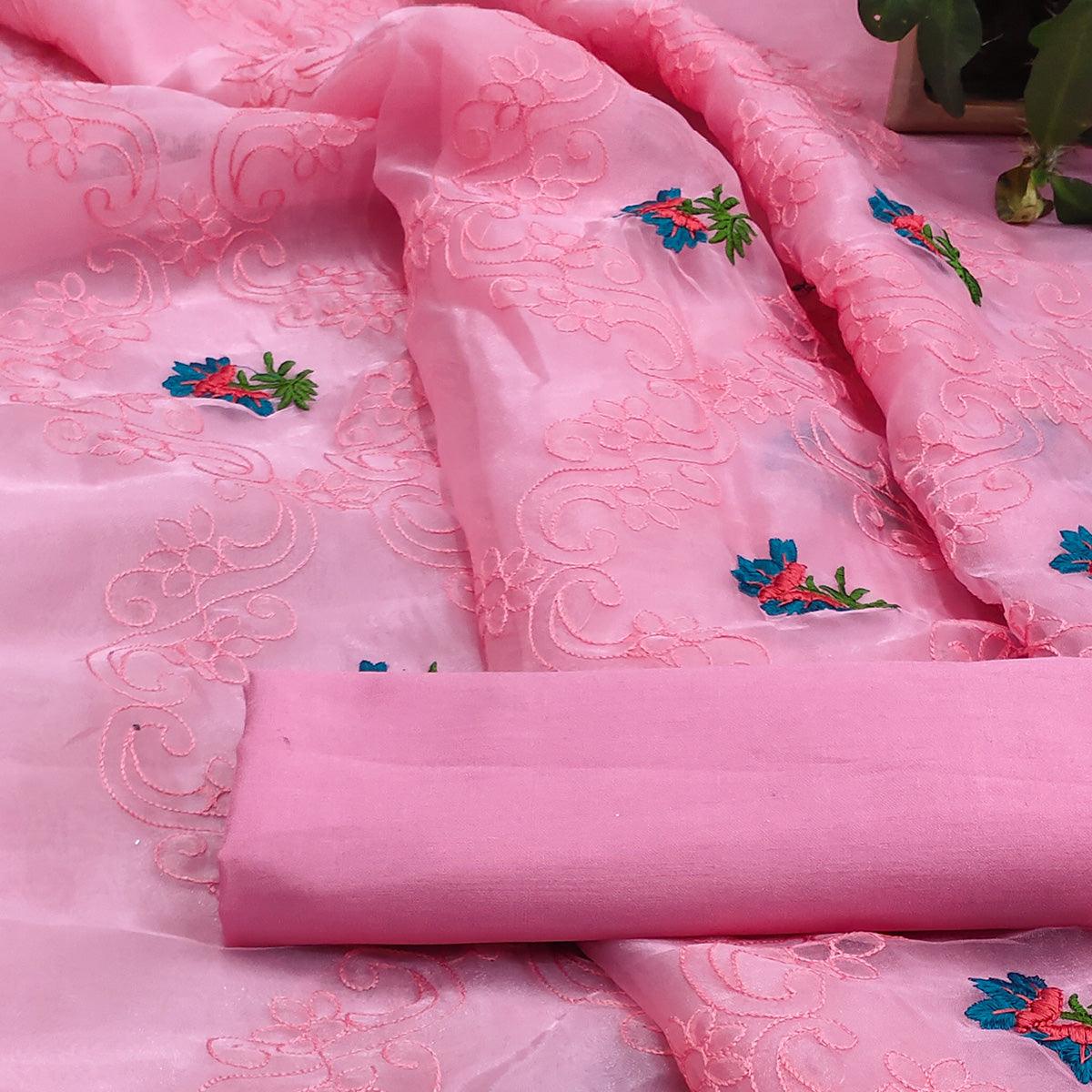 Pink Festive Wear Floral Embroidered Organza Saree - Peachmode