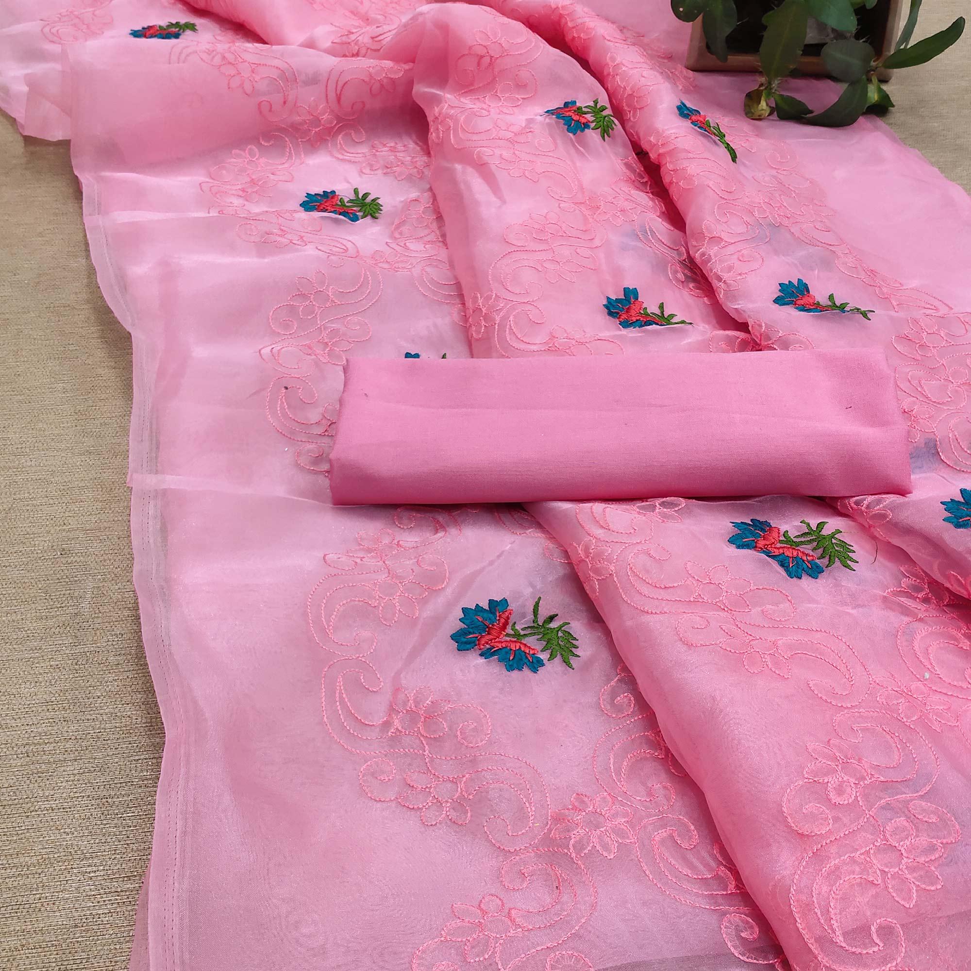 Pink Festive Wear Floral Embroidered Organza Saree - Peachmode