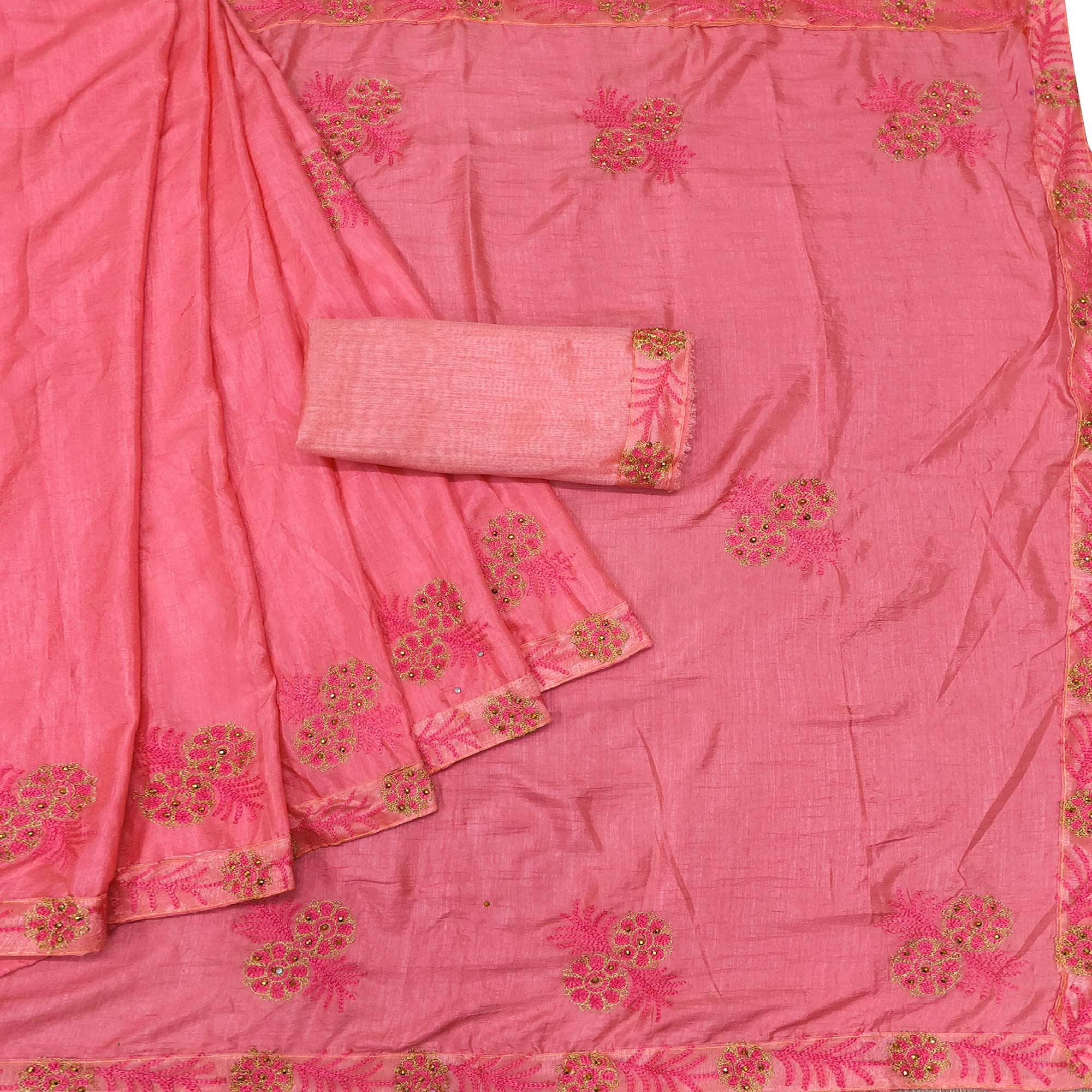 Pink Festive Wear Floral Embroidered Silk Saree - Peachmode
