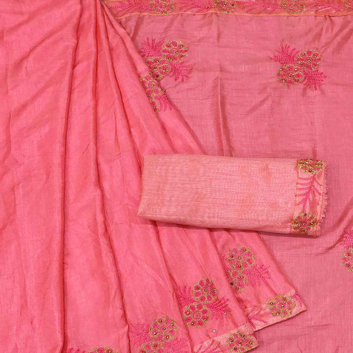 Pink Festive Wear Floral Embroidered Silk Saree - Peachmode