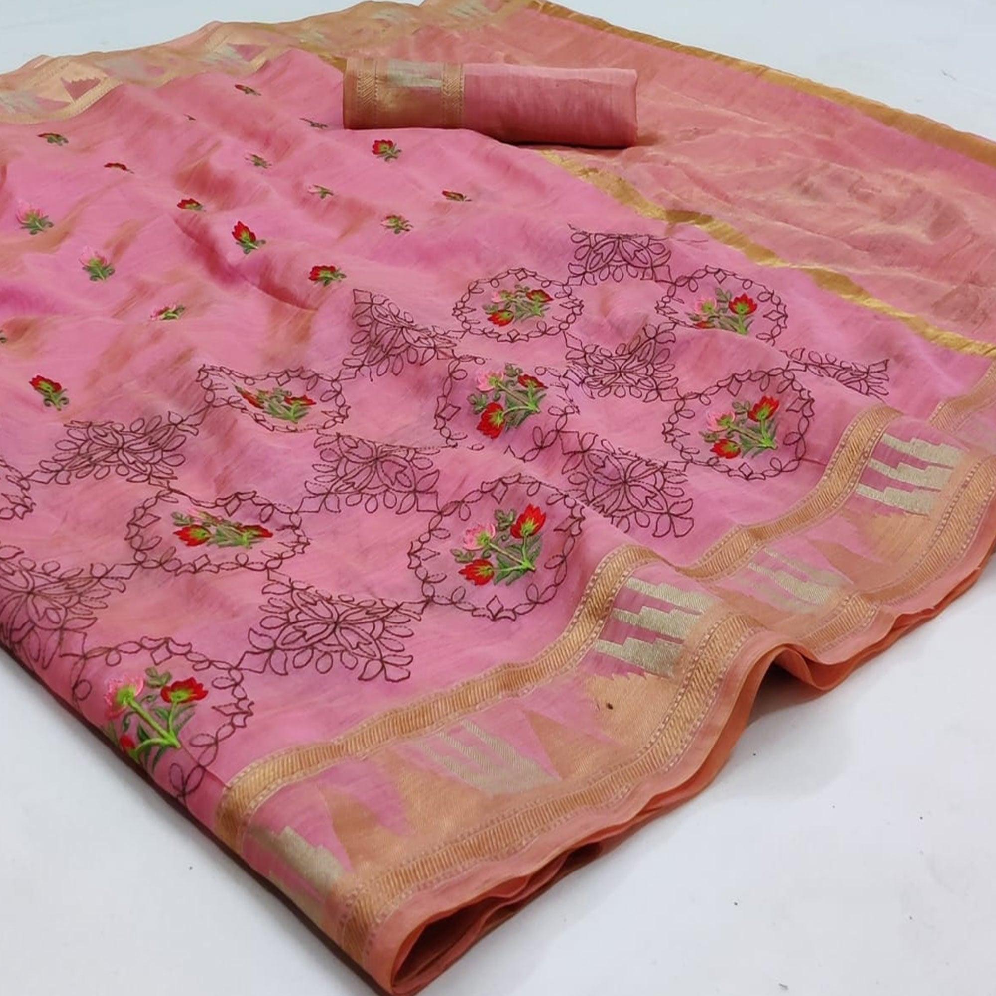 Pink Festive Wear Floral Embroidery With Woven Organza Saree - Peachmode