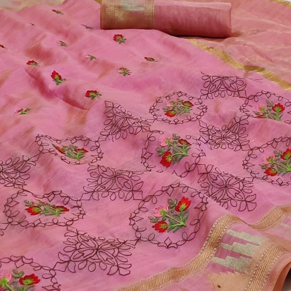 Pink Festive Wear Floral Embroidery With Woven Organza Saree - Peachmode
