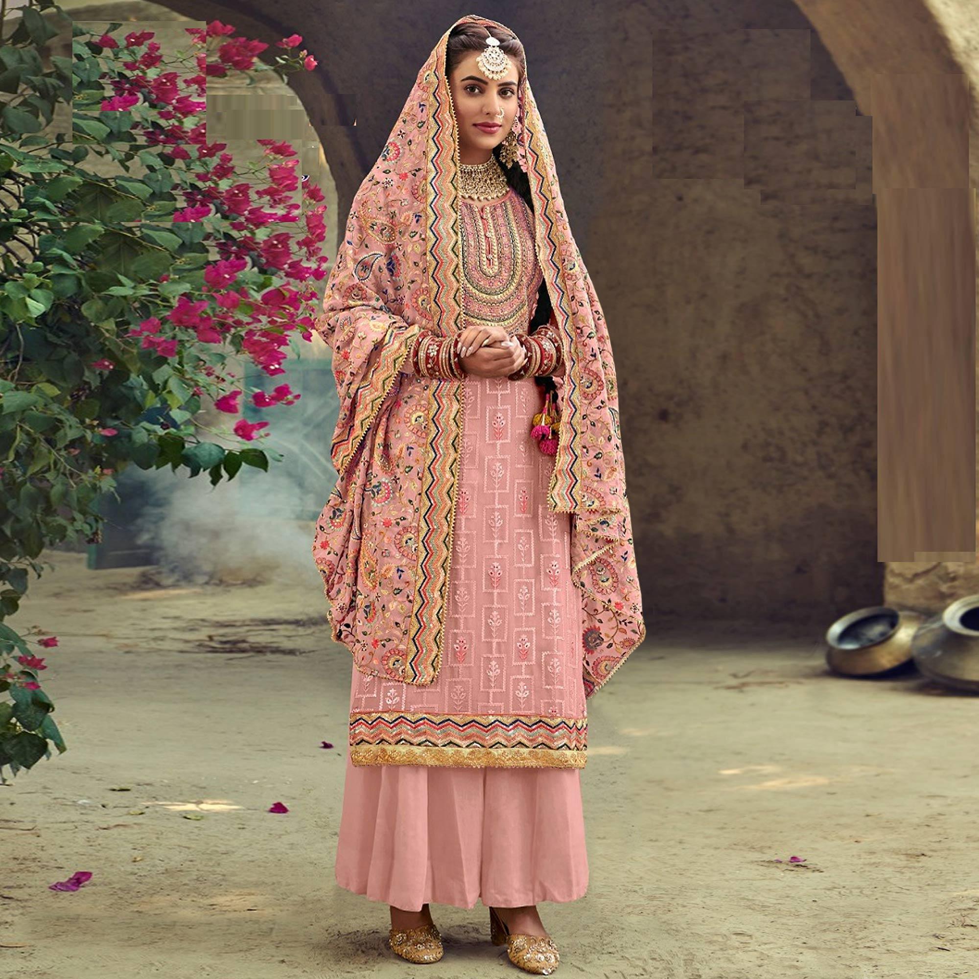 Pink Festive Wear Floral Embroidred Straight Faux Georgette Palazzo Suit - Peachmode
