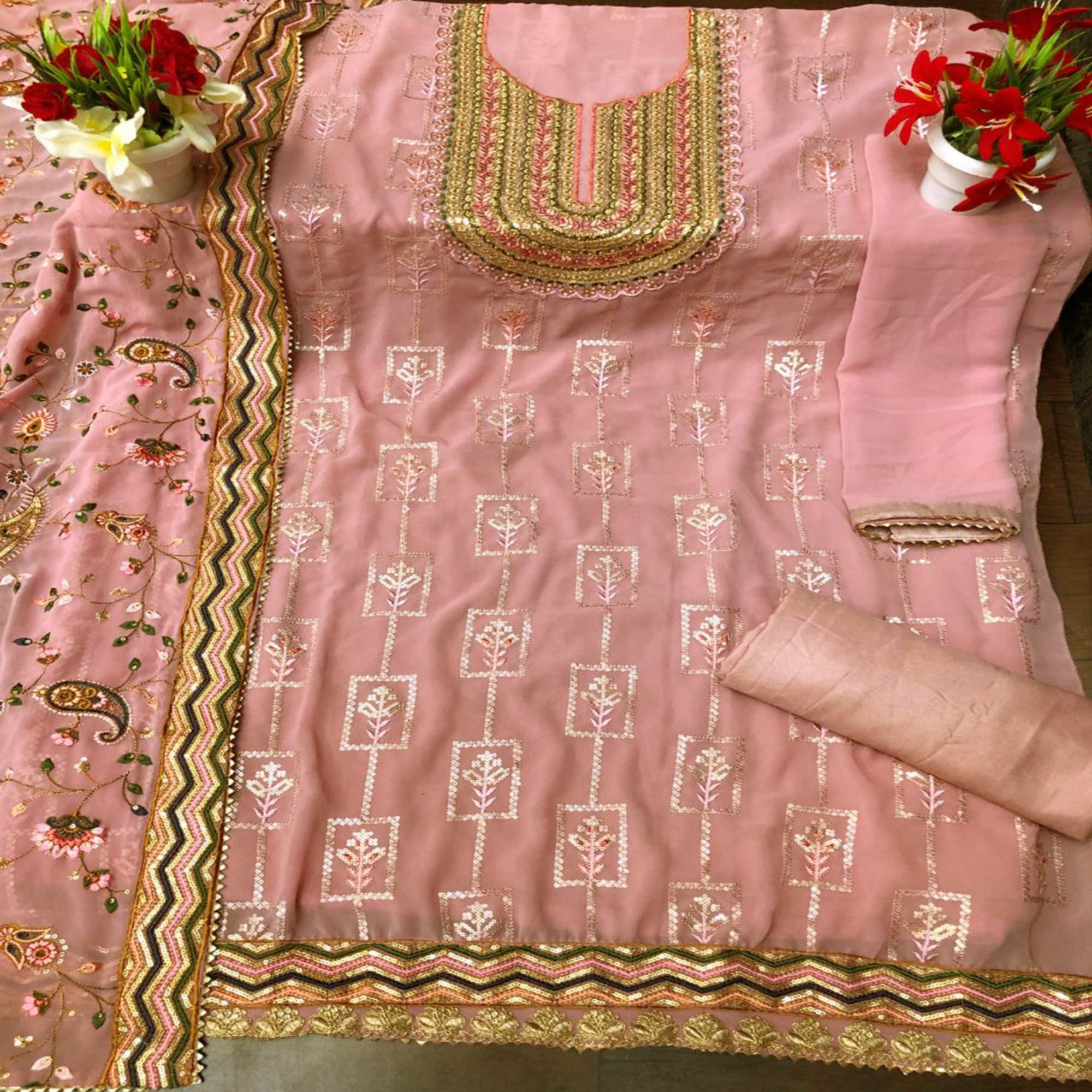 Pink Festive Wear Floral Embroidred Straight Faux Georgette Palazzo Suit - Peachmode