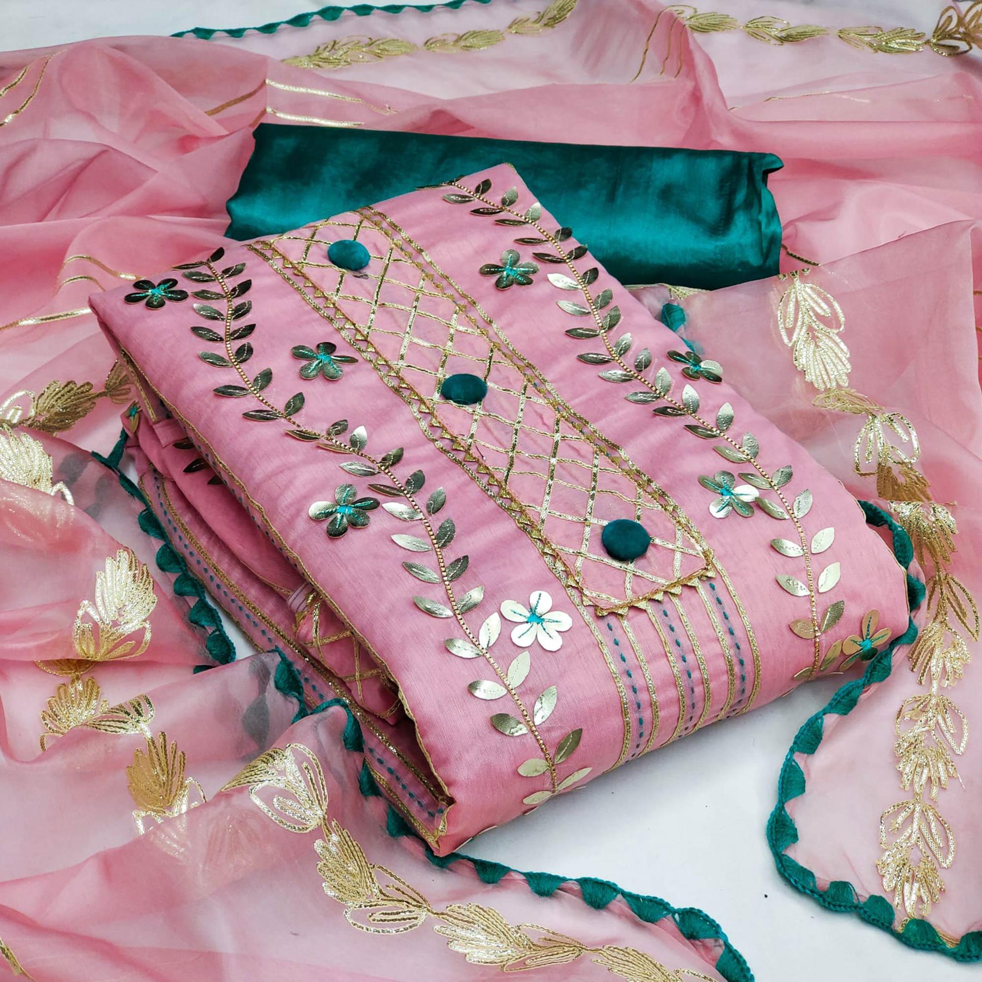 Pink Festive Wear Floral Hand Work Pure Modal Dress Material - Peachmode