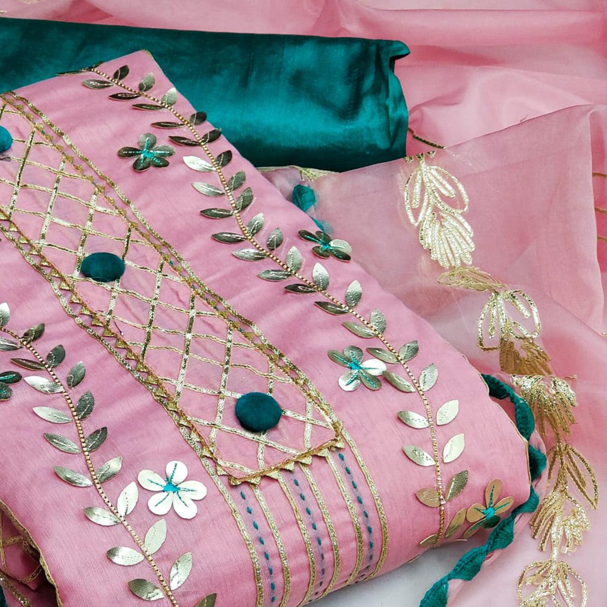 Pink Festive Wear Floral Hand Work Pure Modal Dress Material - Peachmode