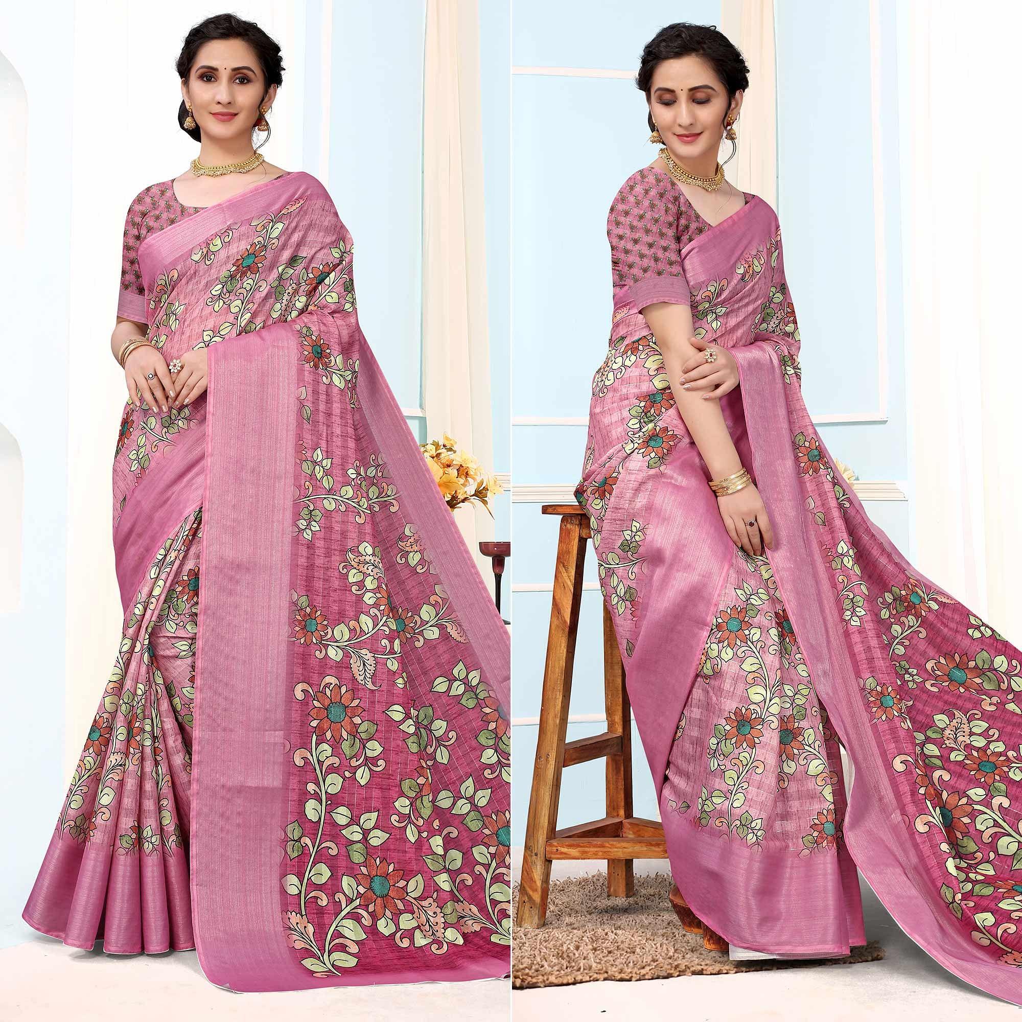 Pink Festive Wear Floral Printed Art Silk Saree - Peachmode