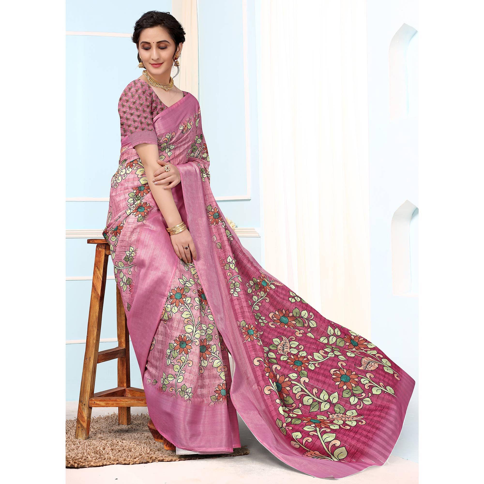 Pink Festive Wear Floral Printed Art Silk Saree - Peachmode