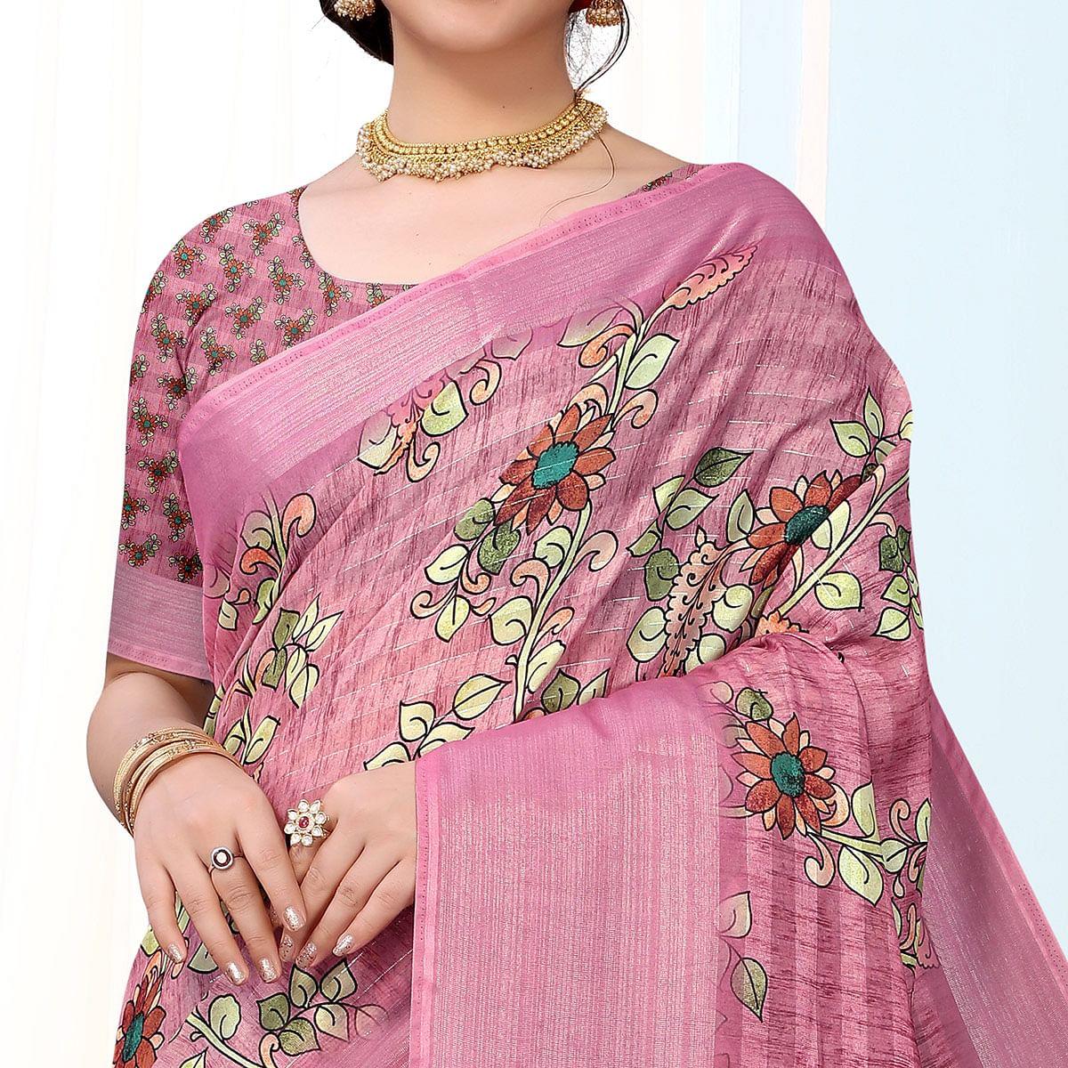 Pink Festive Wear Floral Printed Art Silk Saree - Peachmode