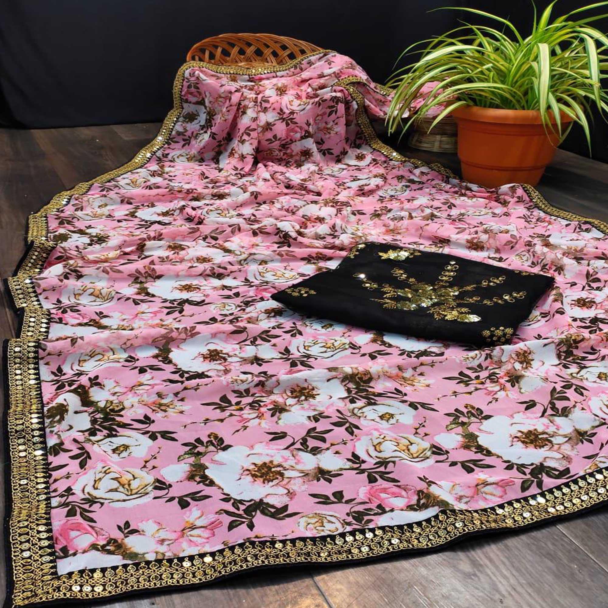 Pink Festive Wear Floral Printed Georgette Saree With Sequence Embroidery Lace - Peachmode