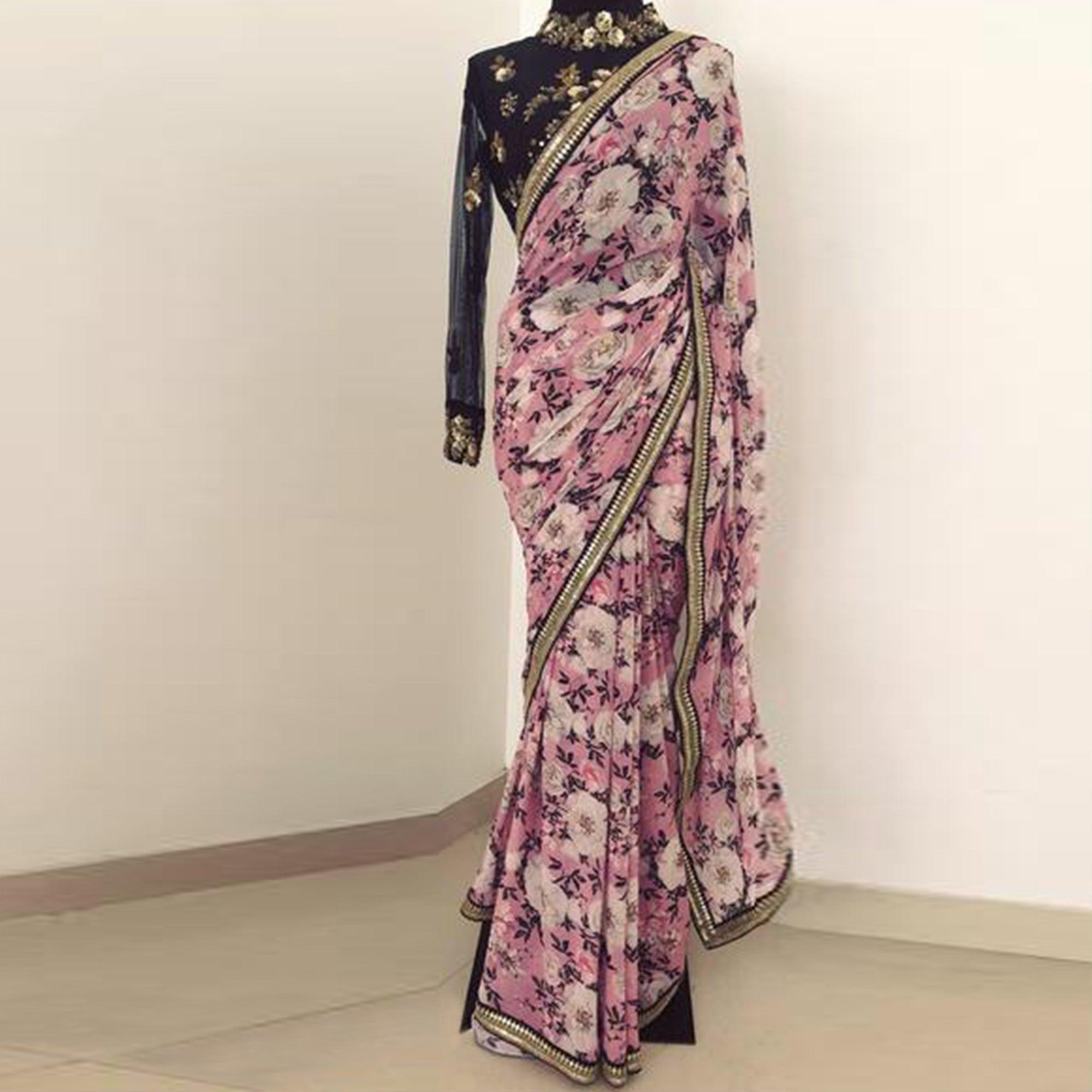 Pink Festive Wear Floral Printed Georgette Saree With Sequence Embroidery Lace - Peachmode