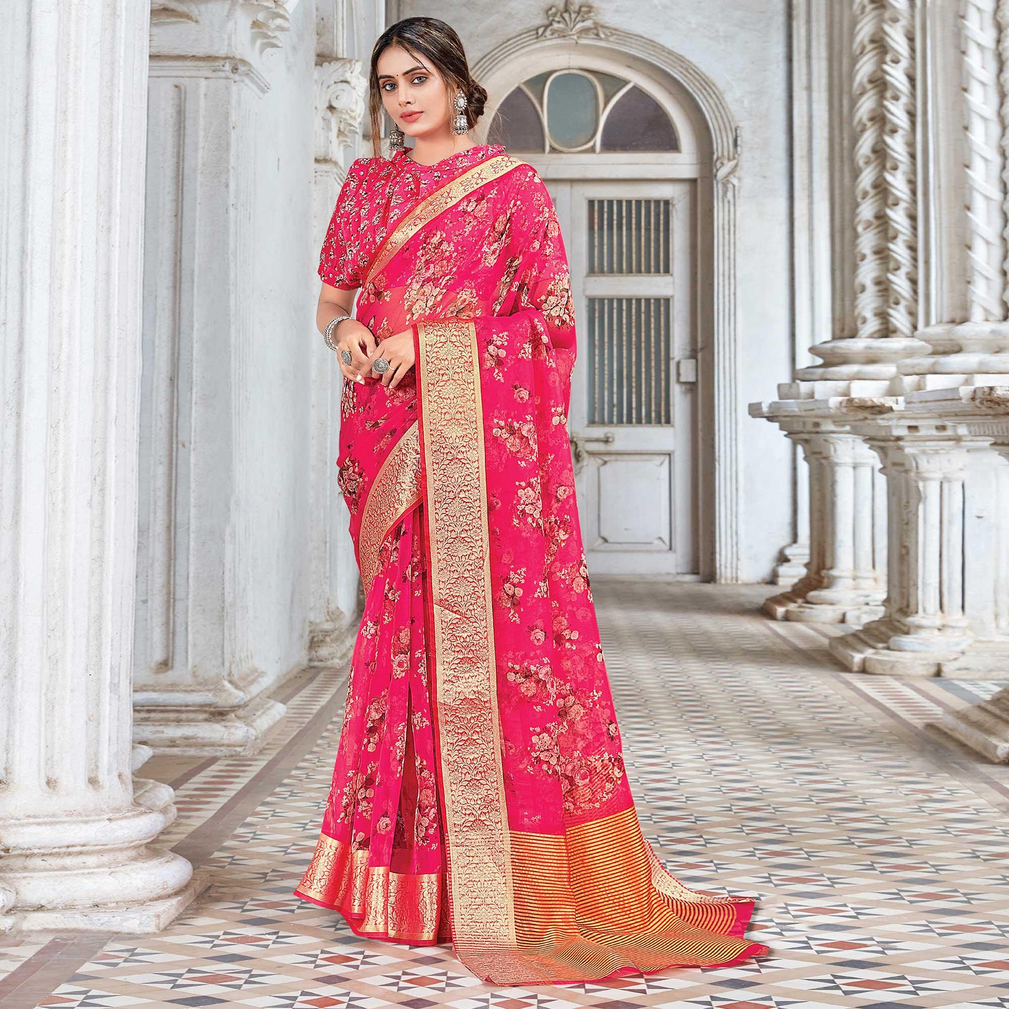 Pink Festive Wear Floral Printed Organza Saree - Peachmode