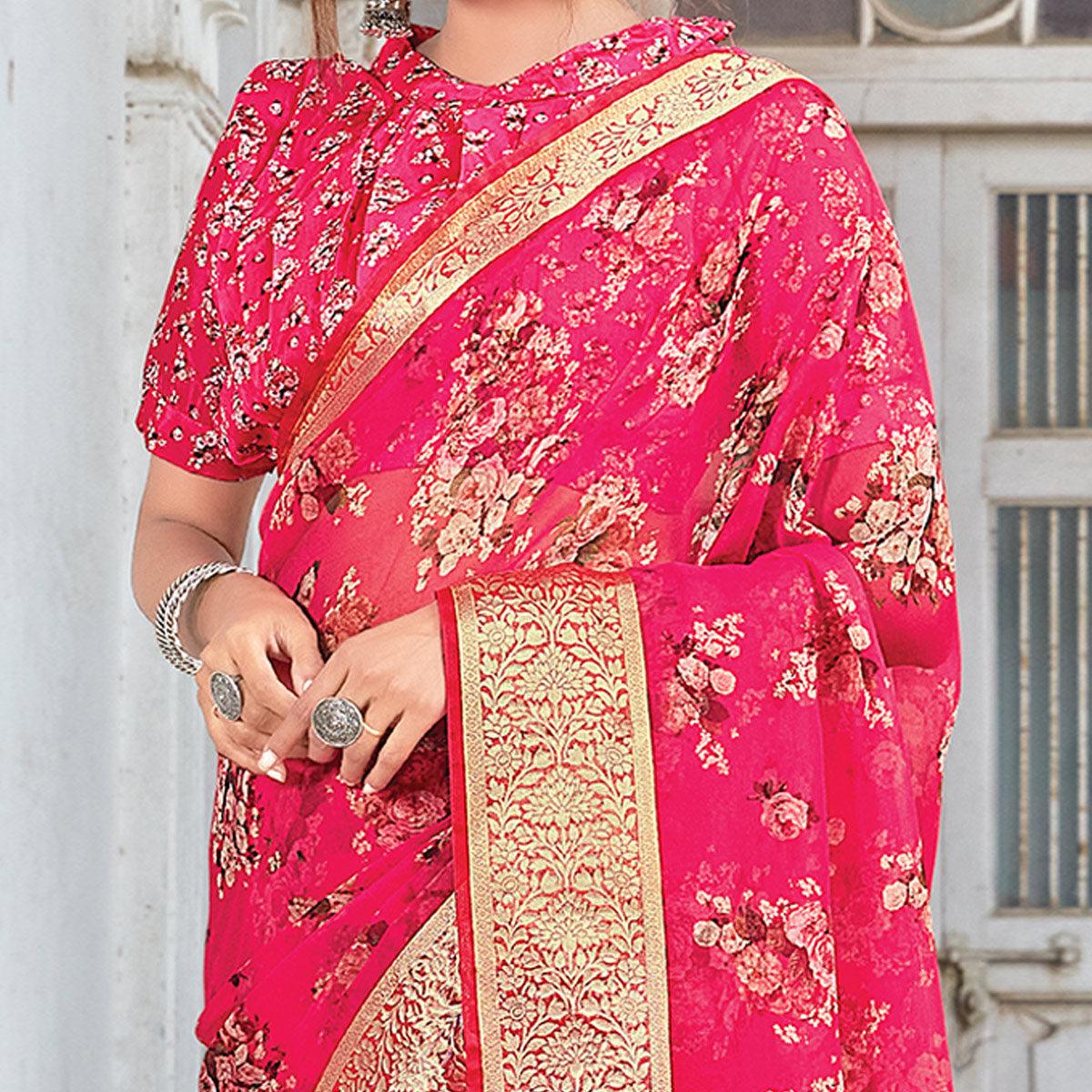 Pink Festive Wear Floral Printed Organza Saree - Peachmode