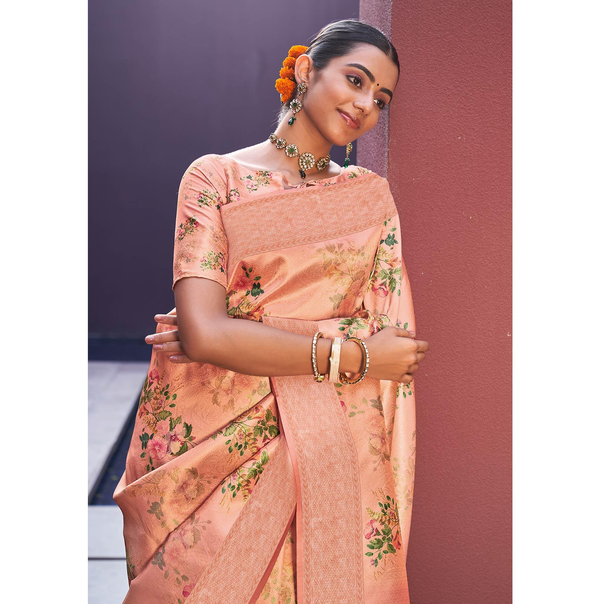 Pink Festive Wear Floral Printed Silk Saree With Woven Border - Peachmode