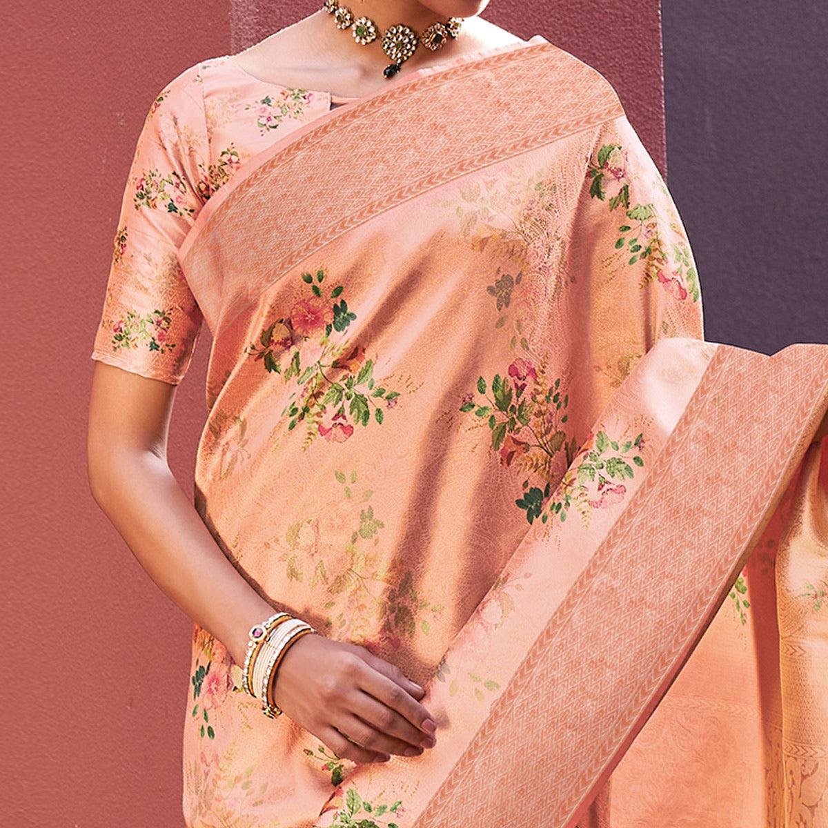 Pink Festive Wear Floral Printed Silk Saree With Woven Border - Peachmode