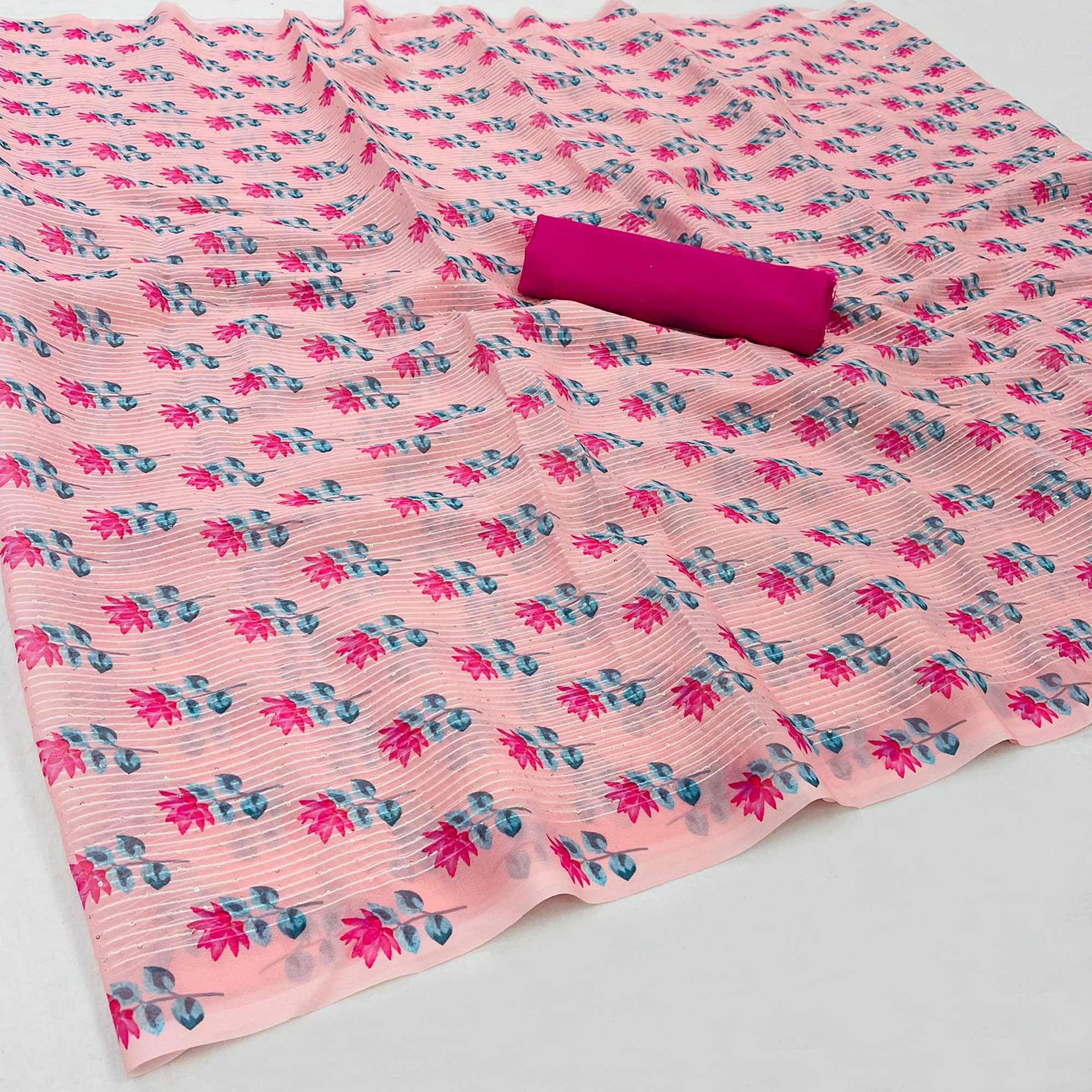 Pink Festive Wear Floral Printed With Embellished Georgette Saree - Peachmode