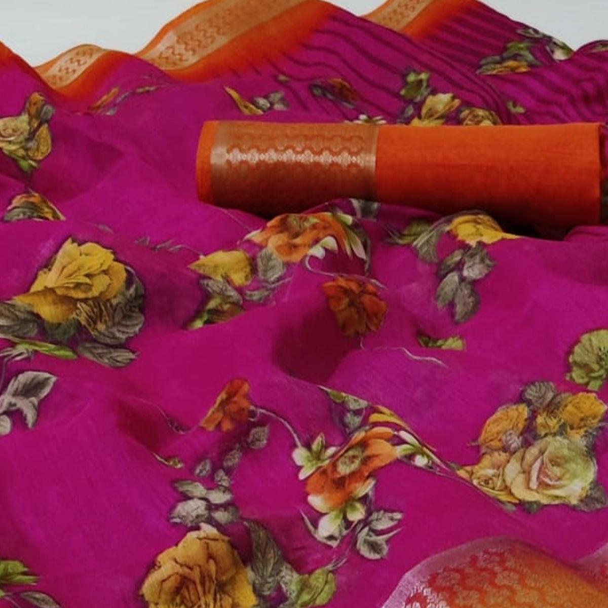 Pink Festive Wear Floral Printed Woven Border Cotton Saree - Peachmode