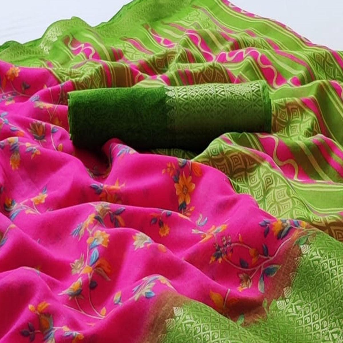 Pink Festive Wear Floral Printed Woven Border Linen Cotton Saree - Peachmode
