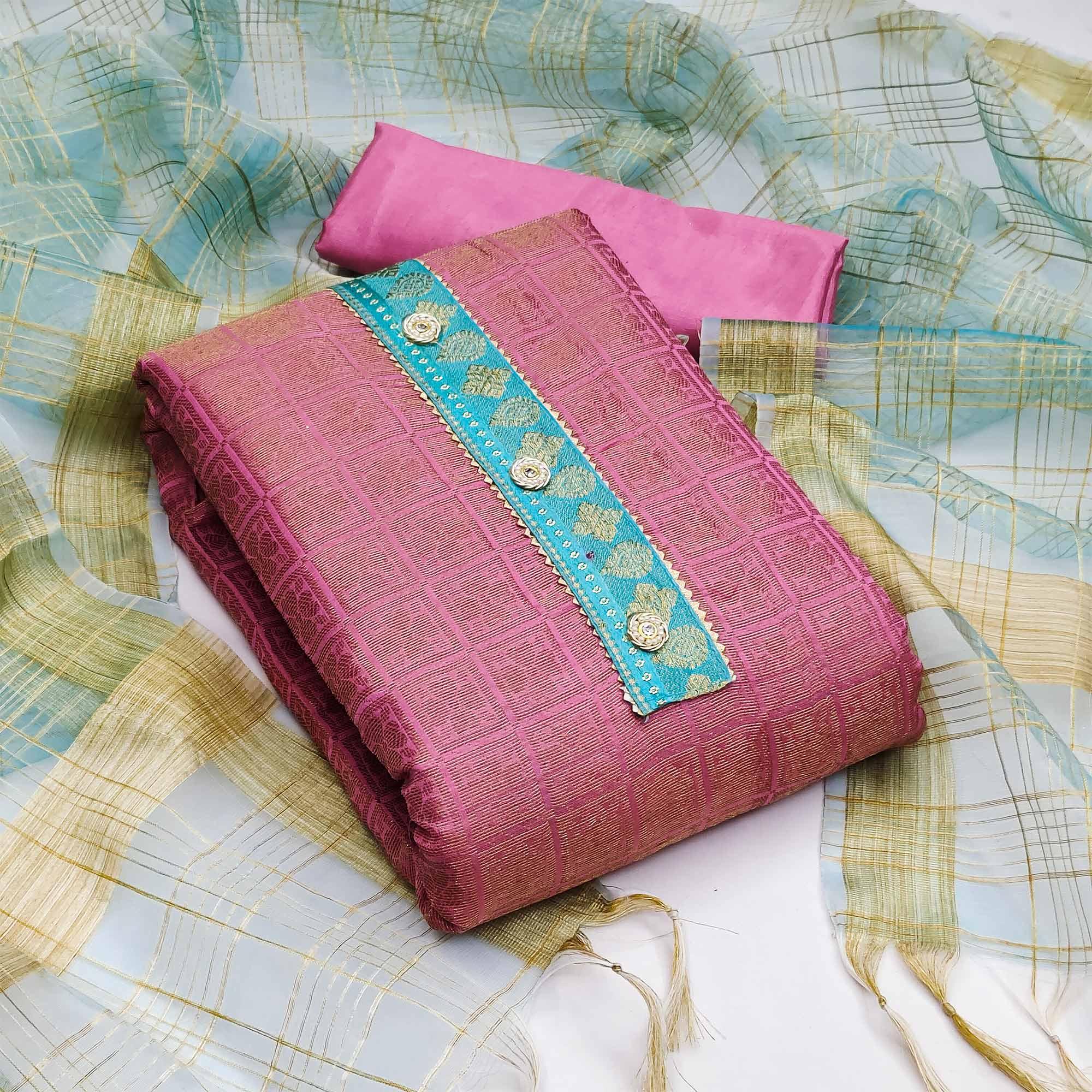 Pink Festive Wear Floral Woven Banarasi Silk Jacquard Dress Material - Peachmode