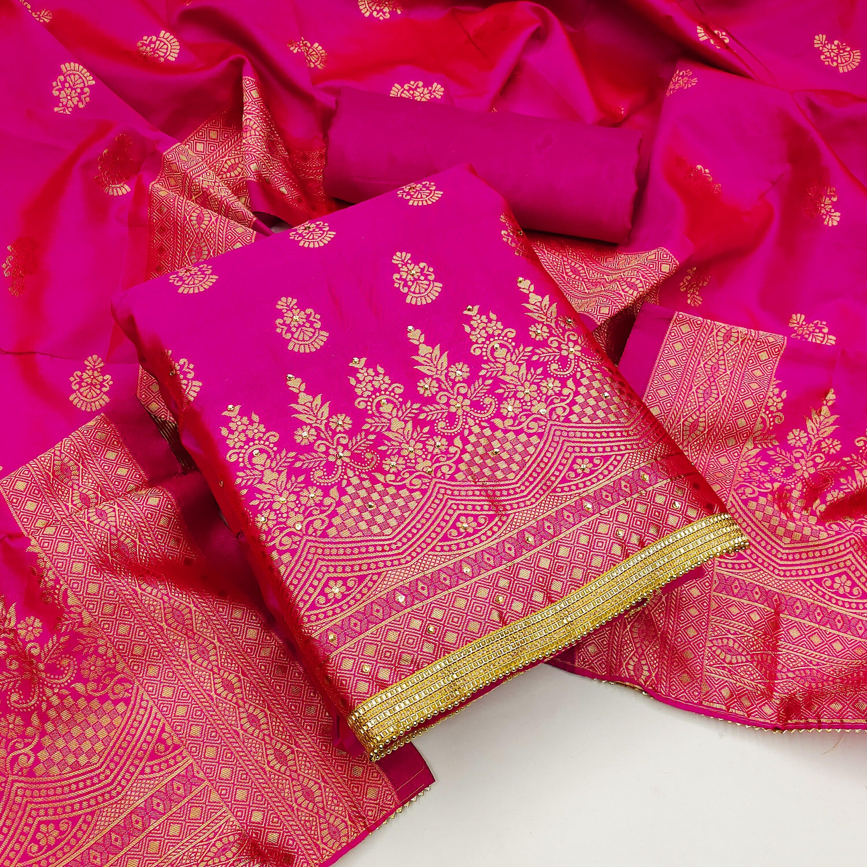 Pink Festive Wear Floral Woven Banarasi Silk Jacquard Dress Material - Peachmode