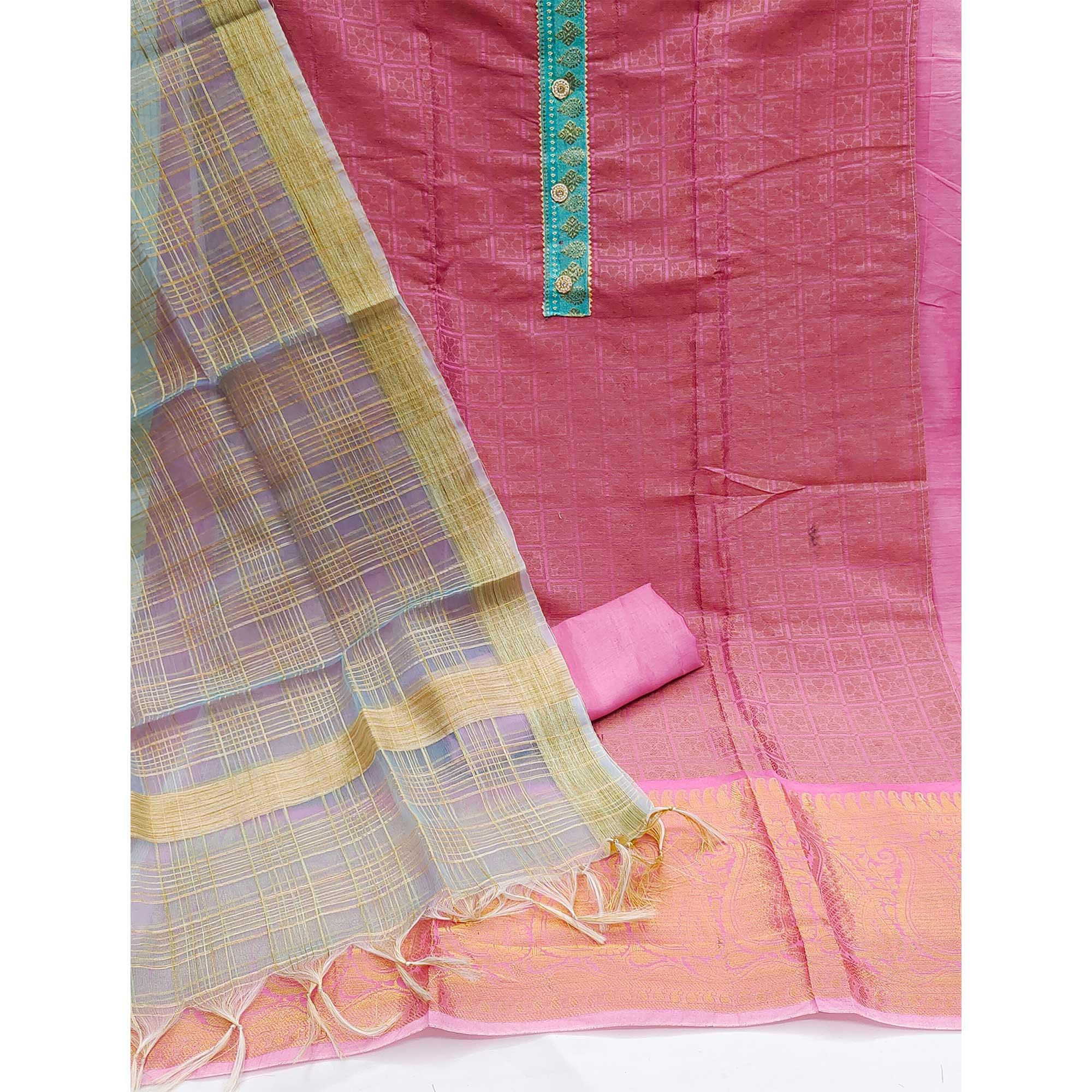 Pink Festive Wear Floral Woven Banarasi Silk Jacquard Dress Material - Peachmode