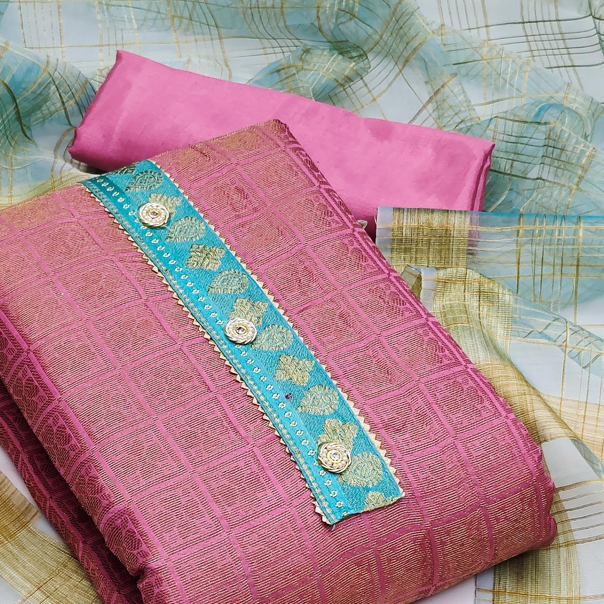 Pink Festive Wear Floral Woven Banarasi Silk Jacquard Dress Material - Peachmode