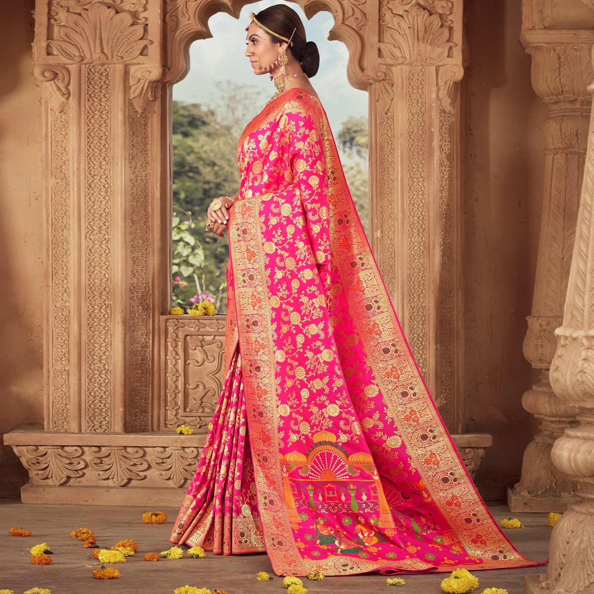 Pink Festive Wear Floral Woven Banarasi Silk Saree - Peachmode