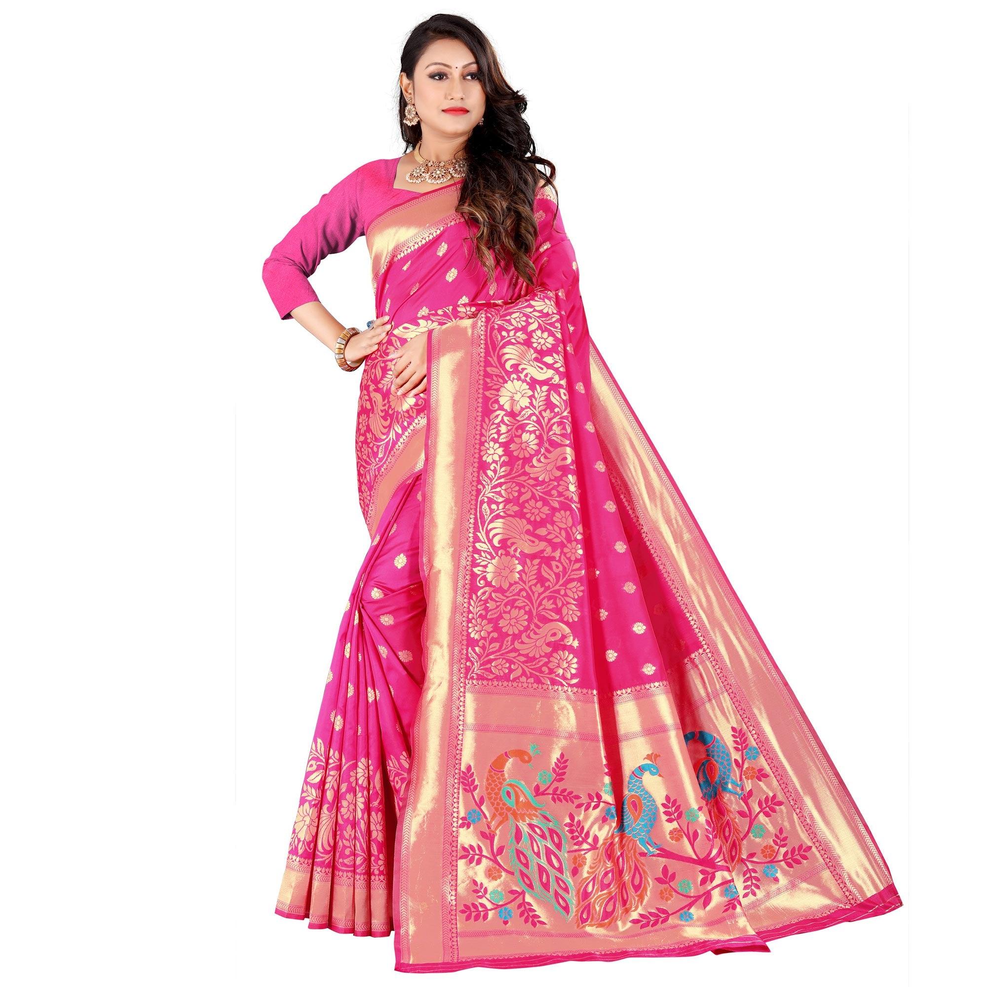 Pink Festive Wear Floral Woven Banarasi Silk Saree - Peachmode