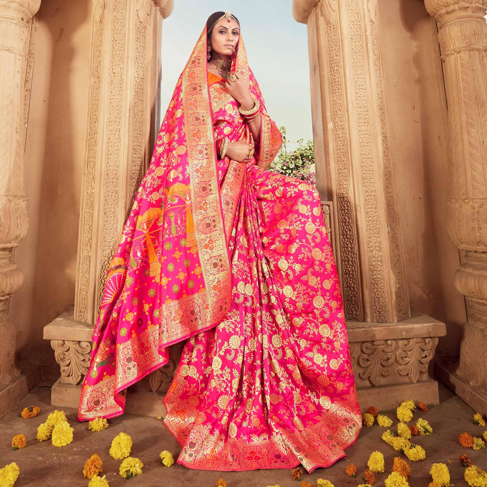 Pink Festive Wear Floral Woven Banarasi Silk Saree - Peachmode