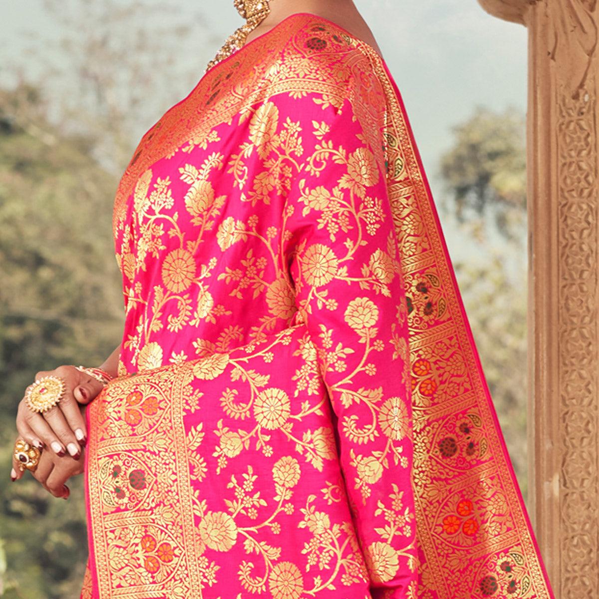 Pink Festive Wear Floral Woven Banarasi Silk Saree - Peachmode