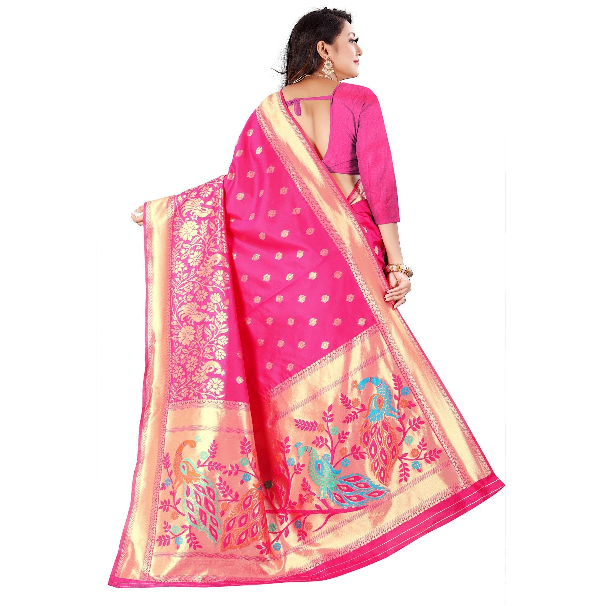 Pink Festive Wear Floral Woven Banarasi Silk Saree - Peachmode