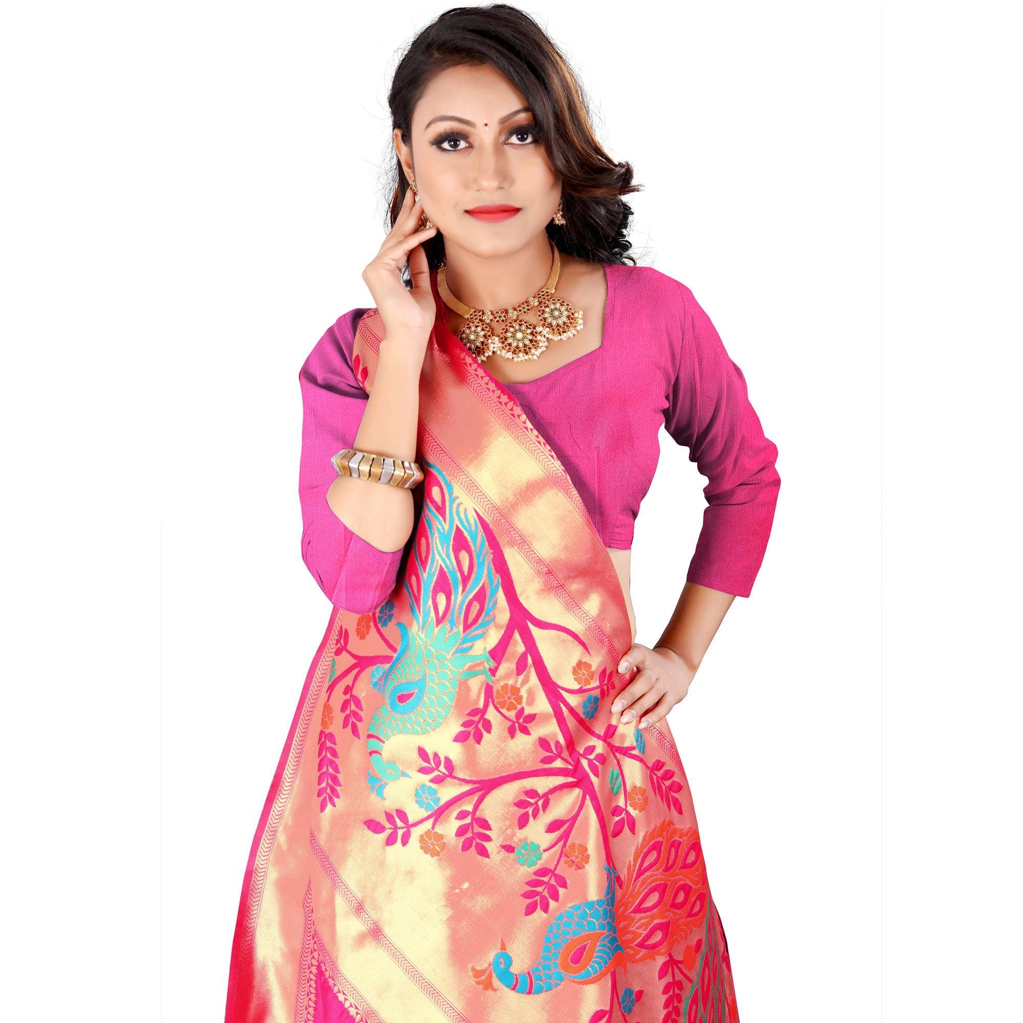 Pink Festive Wear Floral Woven Banarasi Silk Saree - Peachmode